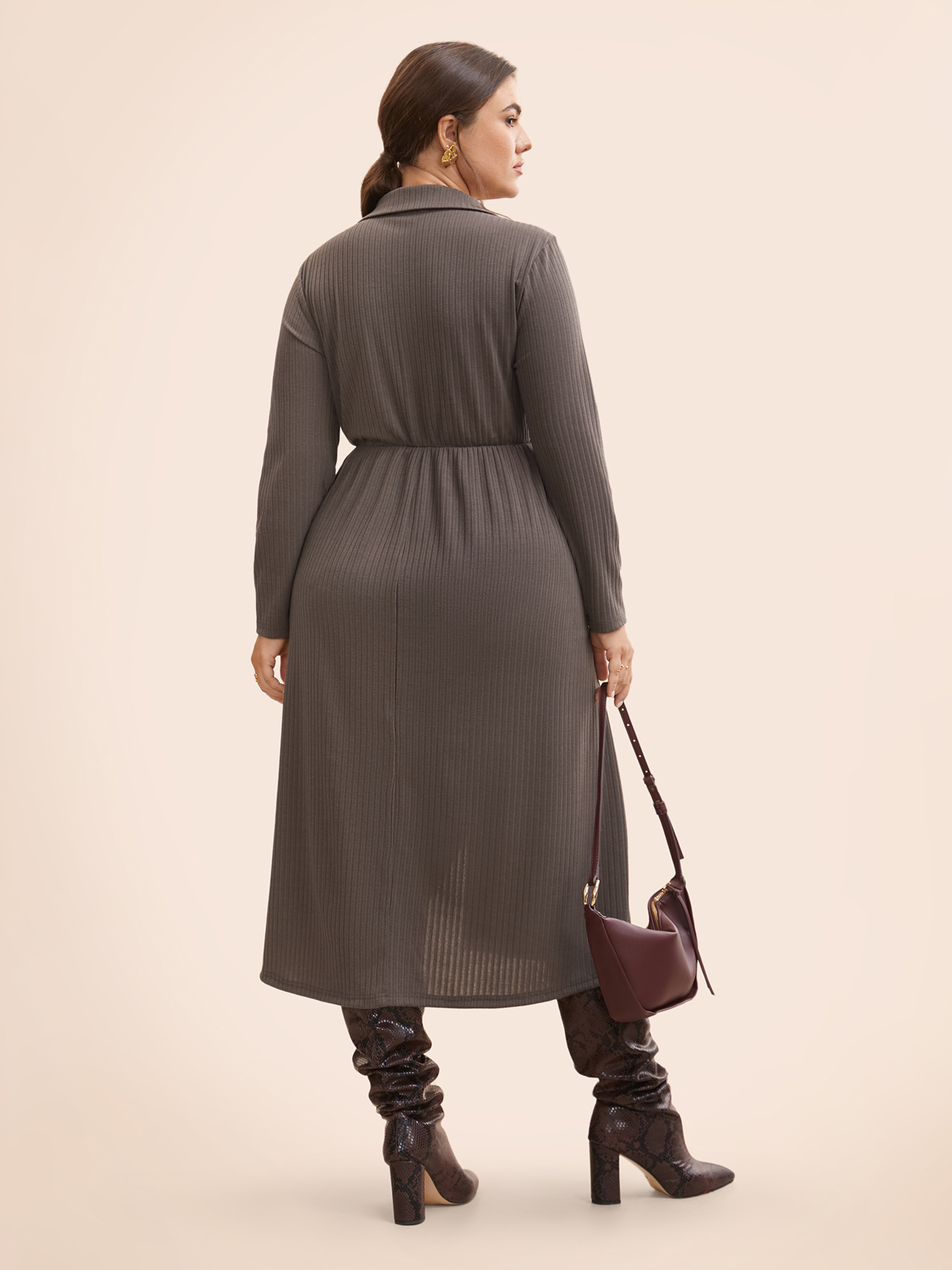 Plus Size Knitted Stretch Woven Wrap Midi Dress DimGray Women At the Office Texture Shirt collar Long Sleeve Curvy BloomChic 26/4X 