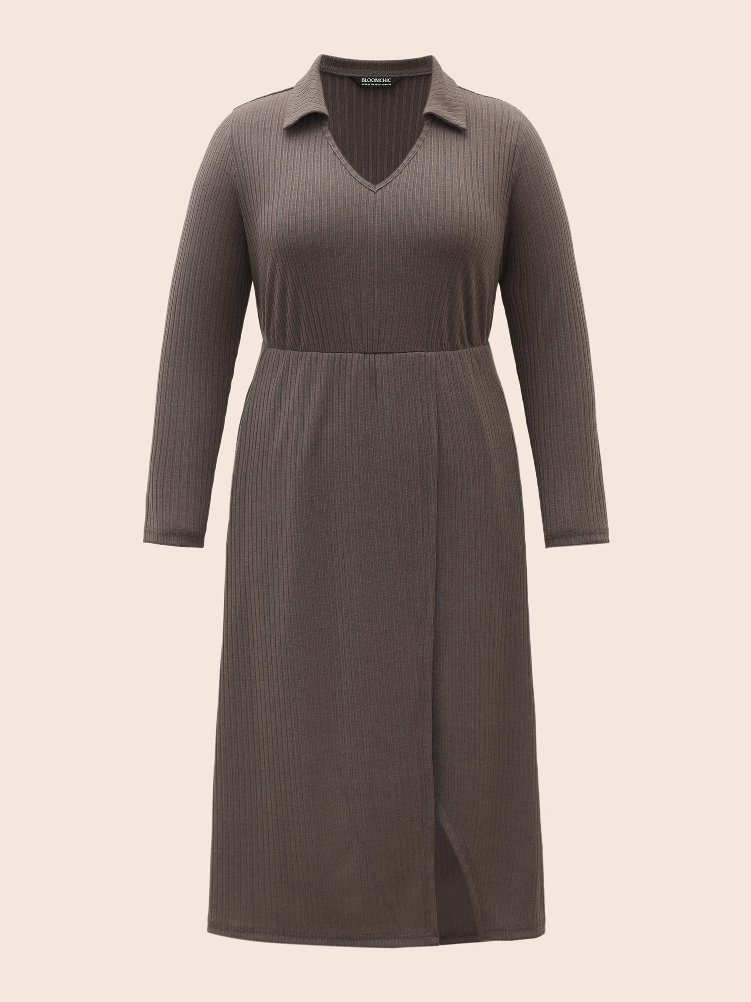 

Plus Size Knitted Stretch Woven Wrap Midi Dress DimGray Women At the Office Texture Shirt collar Long Sleeve Curvy BloomChic