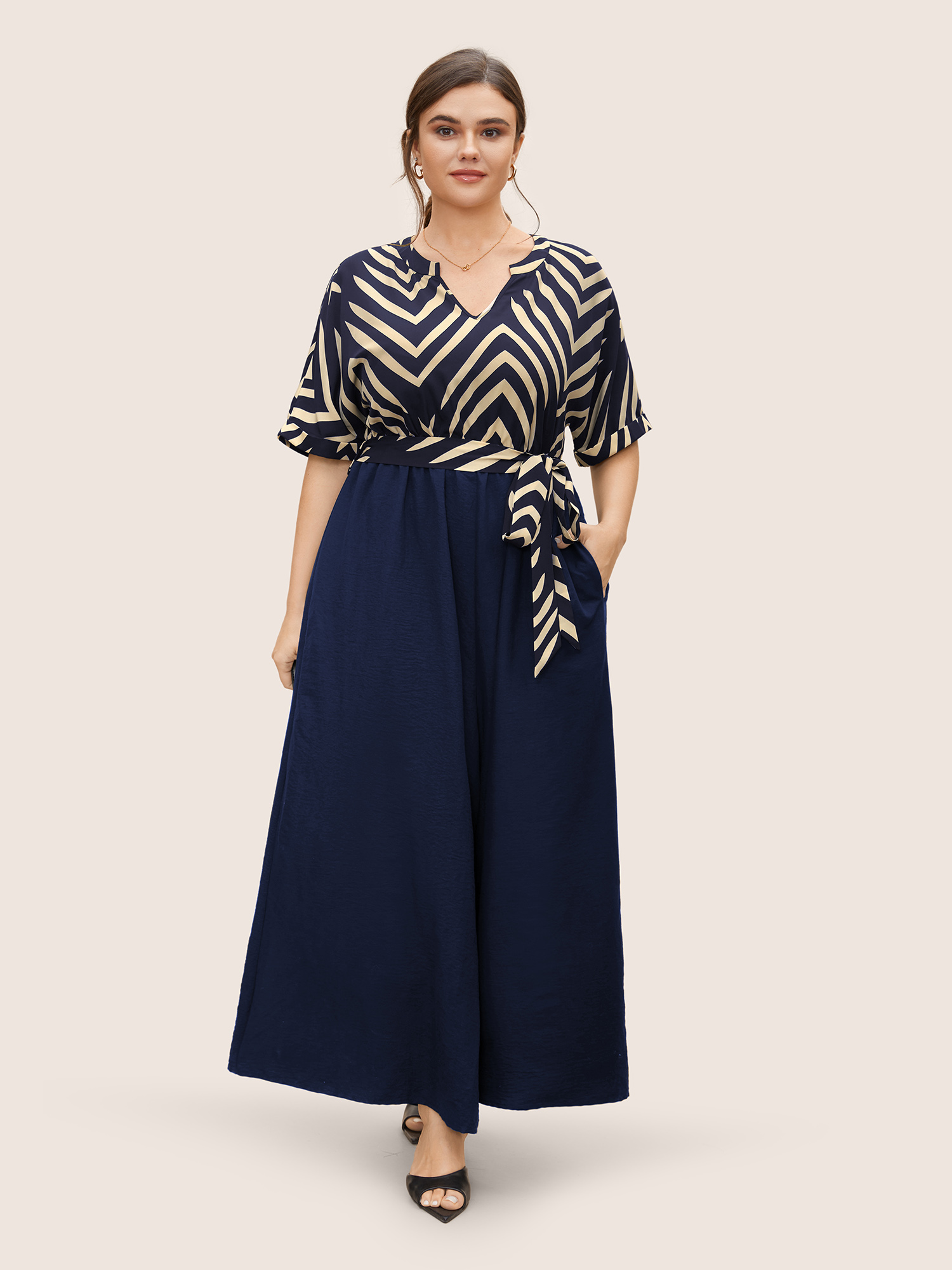 

Plus Size Navy Striped Patchwork Knot Cuffed Sleeve Jumpsuit Women Work From Home Half Sleeve Flat collar with V-notch Work Loose Jumpsuits BloomChic