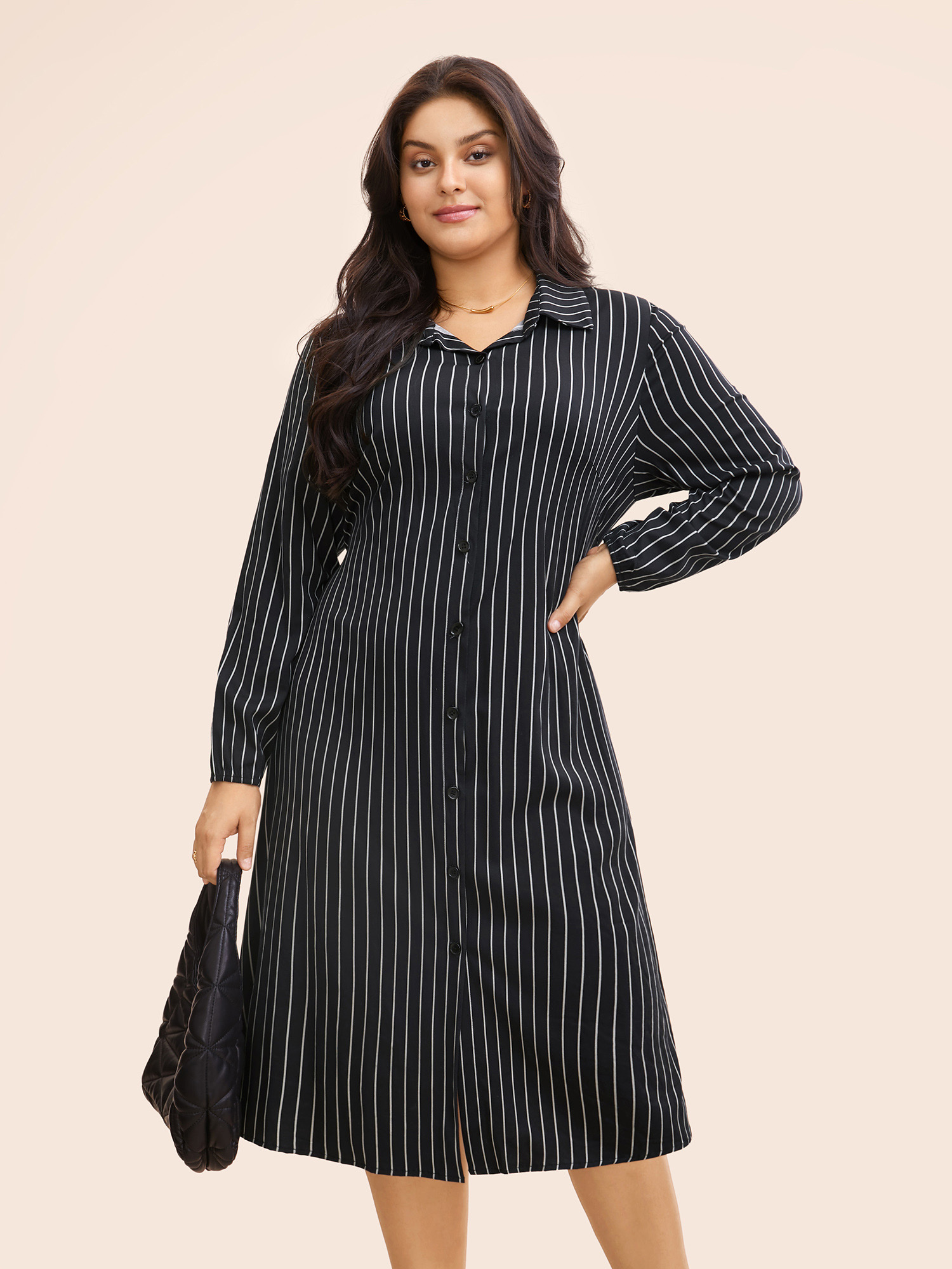 

Plus Size No-Gape Buttons Stretch Woven Shirt Dress Black Women At the Office Button Shirt collar Long Sleeve Curvy BloomChic