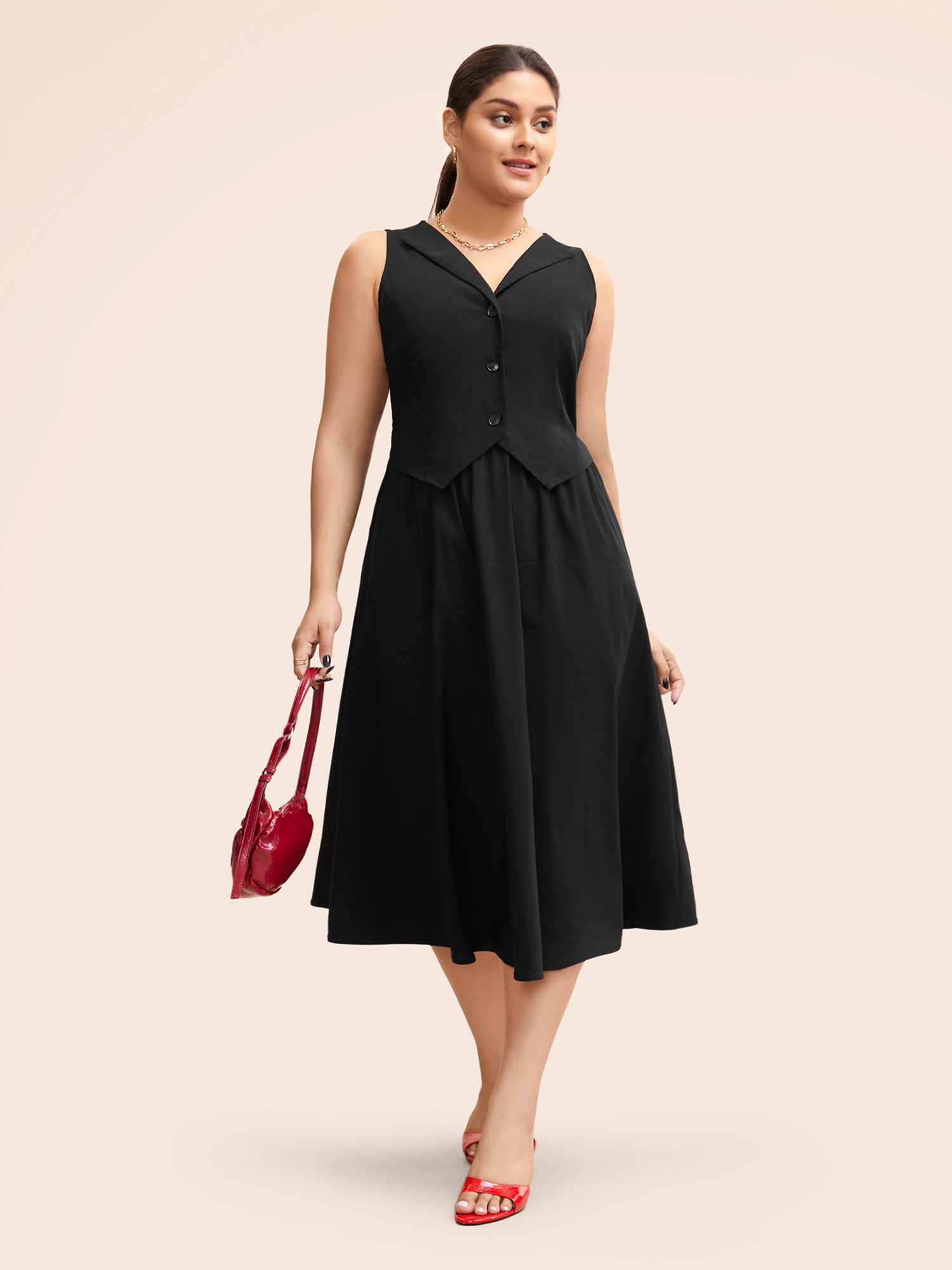 

Plus Size Stretch Woven Vest Flare Midi Dress Black Women At the Office Button Suit Collar Sleeveless Curvy BloomChic