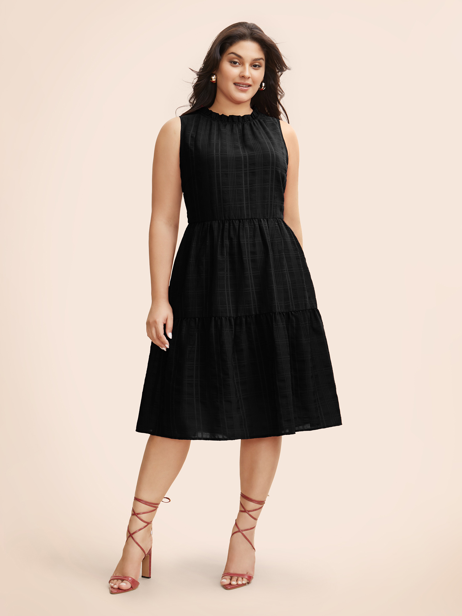 

Plus Size Plaid Stand Collar Frill Trim Sleeveless Dress Black Women Elegant Texture Stand-up collar Sleeveless Curvy BloomChic