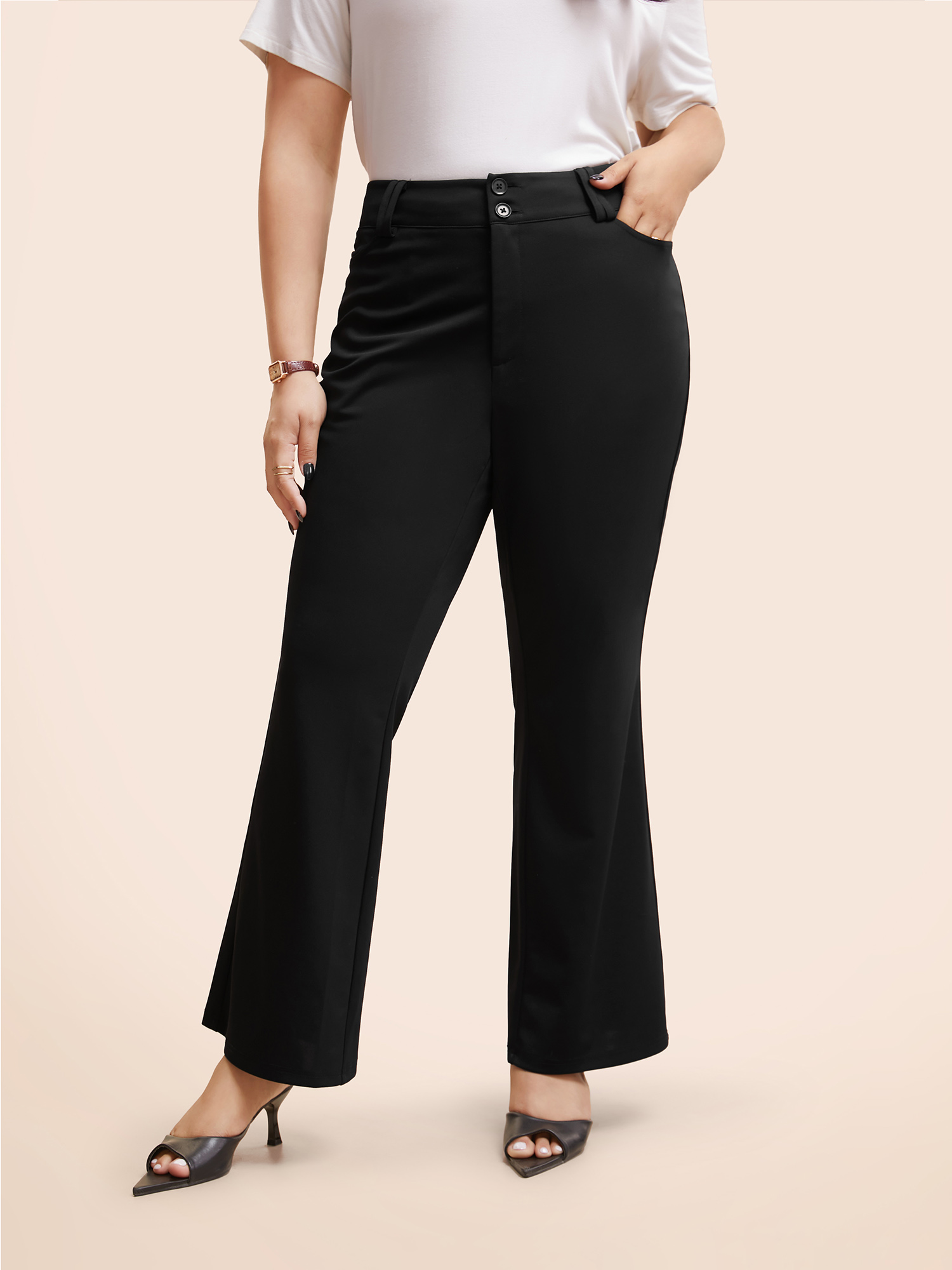 

Plus Size Stretch Woven Double Button Drape Pants Women Black Workwear Essentials Bootcut Mid Rise Work Pants BloomChic