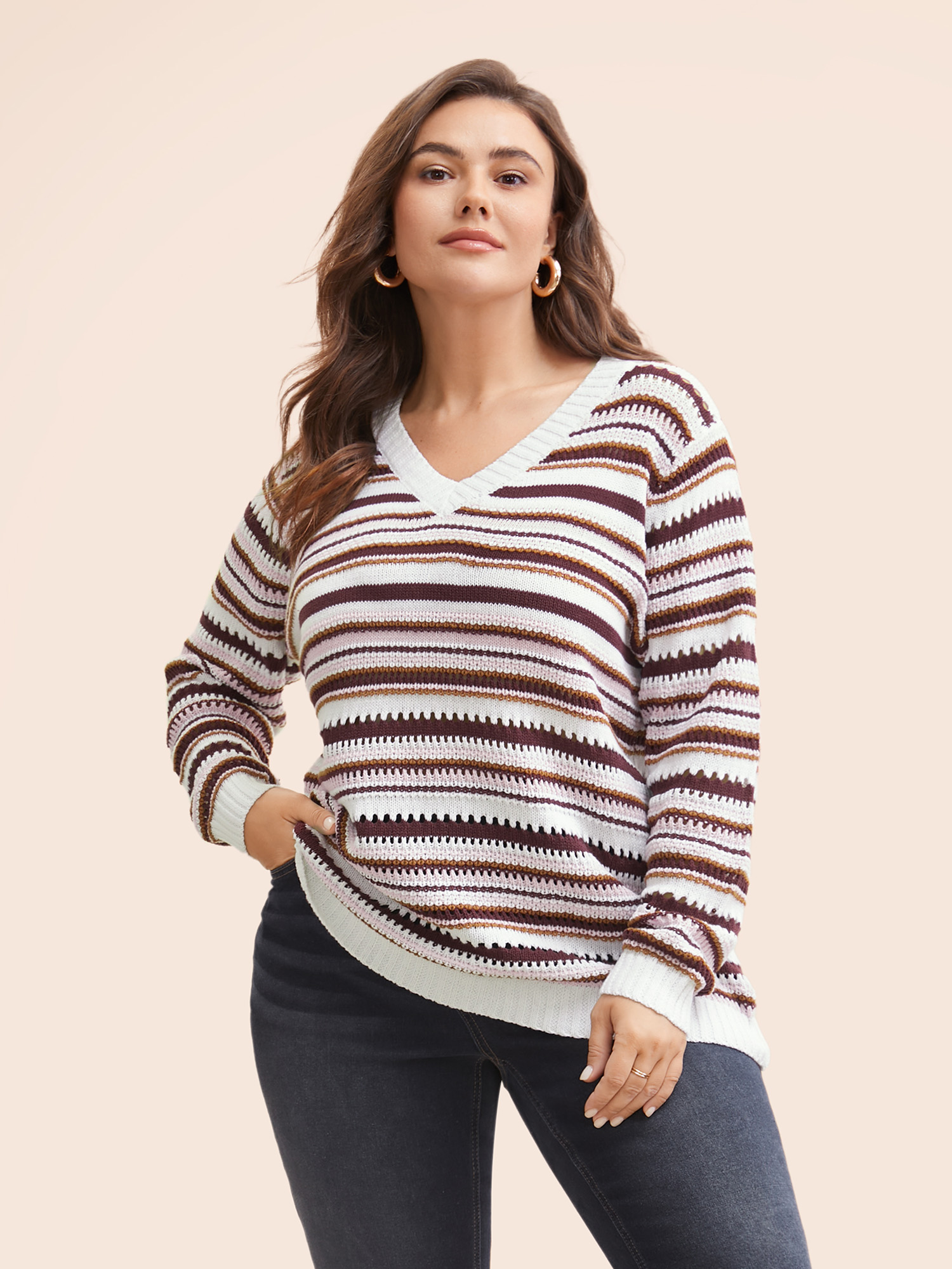 

Plus Size Striped Texture Cotton Blended Pullover Ivory Women Casual Long Sleeve V-neck Everyday Pullovers BloomChic