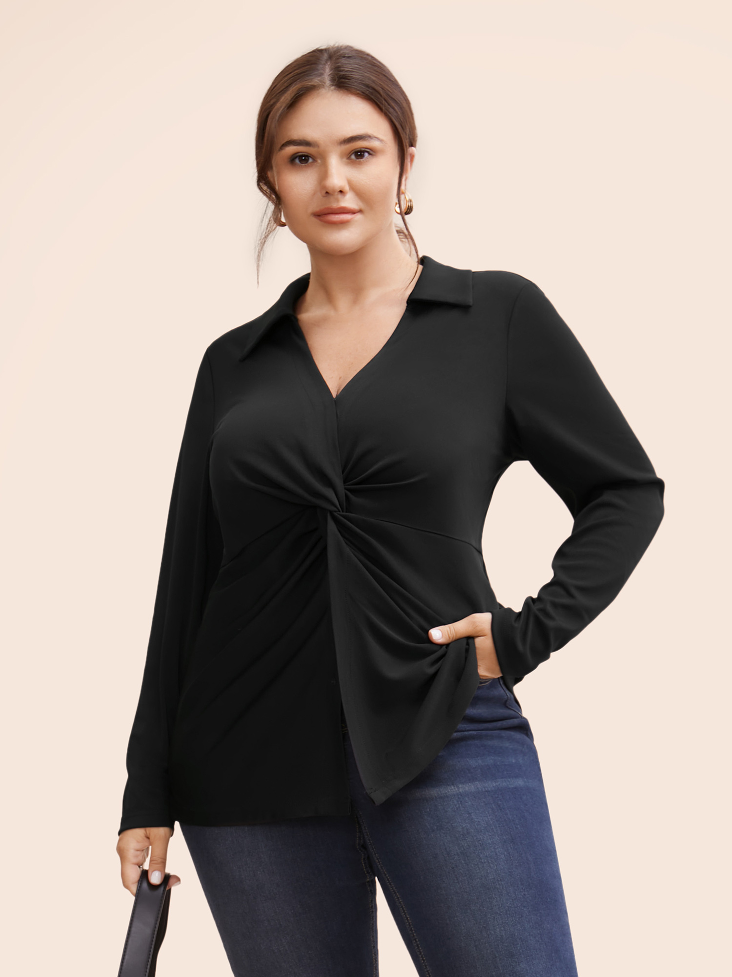 

Plus Size Black Stretch Woven Front Knot Slim-Fit Blouse Women At the Office Long Sleeve Deep V-neck Work Blouses BloomChic