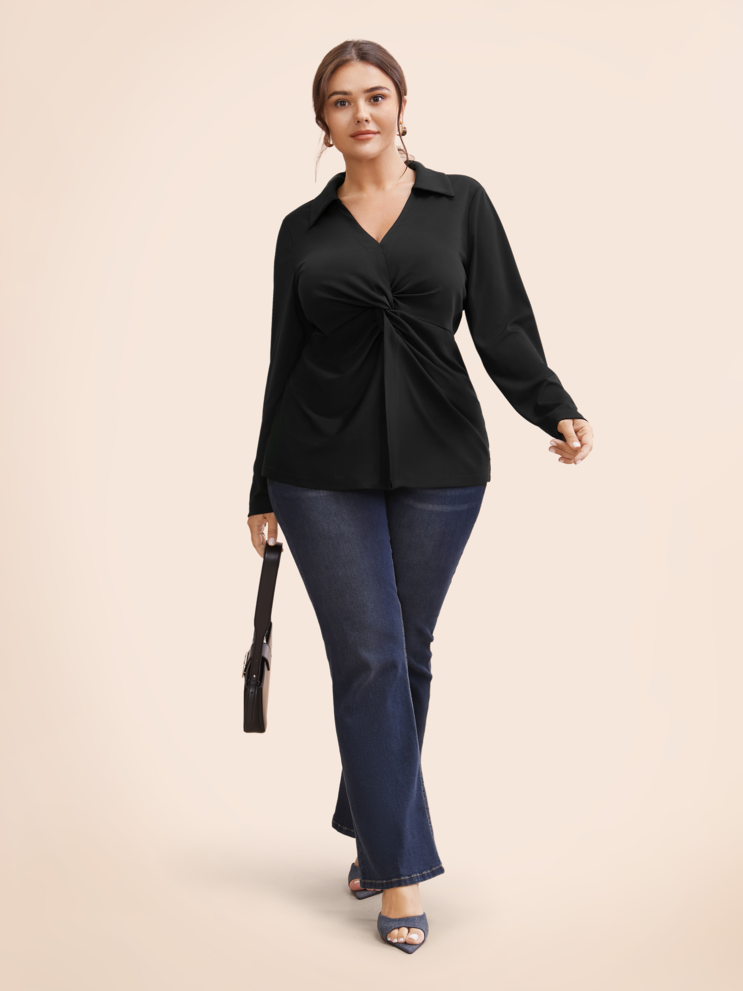 

Plus Size Black Stretch Woven Front Knot Slim-Fit Blouse Women At the Office Long Sleeve Deep V-neck Work Blouses BloomChic