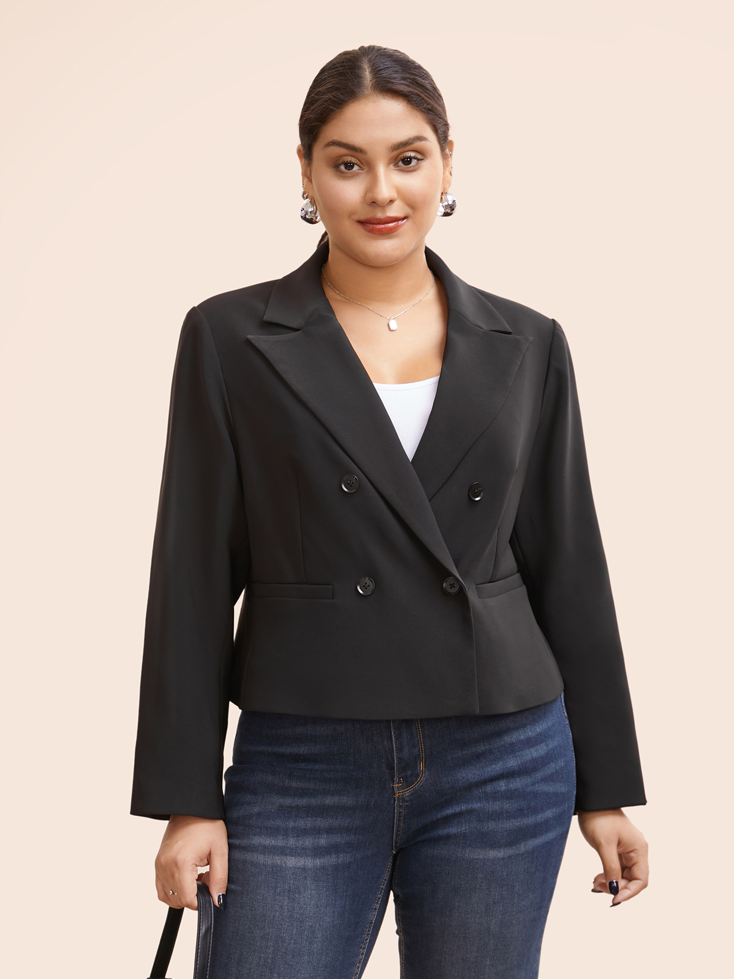 

Plus Size Slim-Fit Double Pocket Cropped Blazer Black Women Work Button Sleeve Long Sleeve Suit Collar  Single-flap pocket At the Office Blazers BloomChic