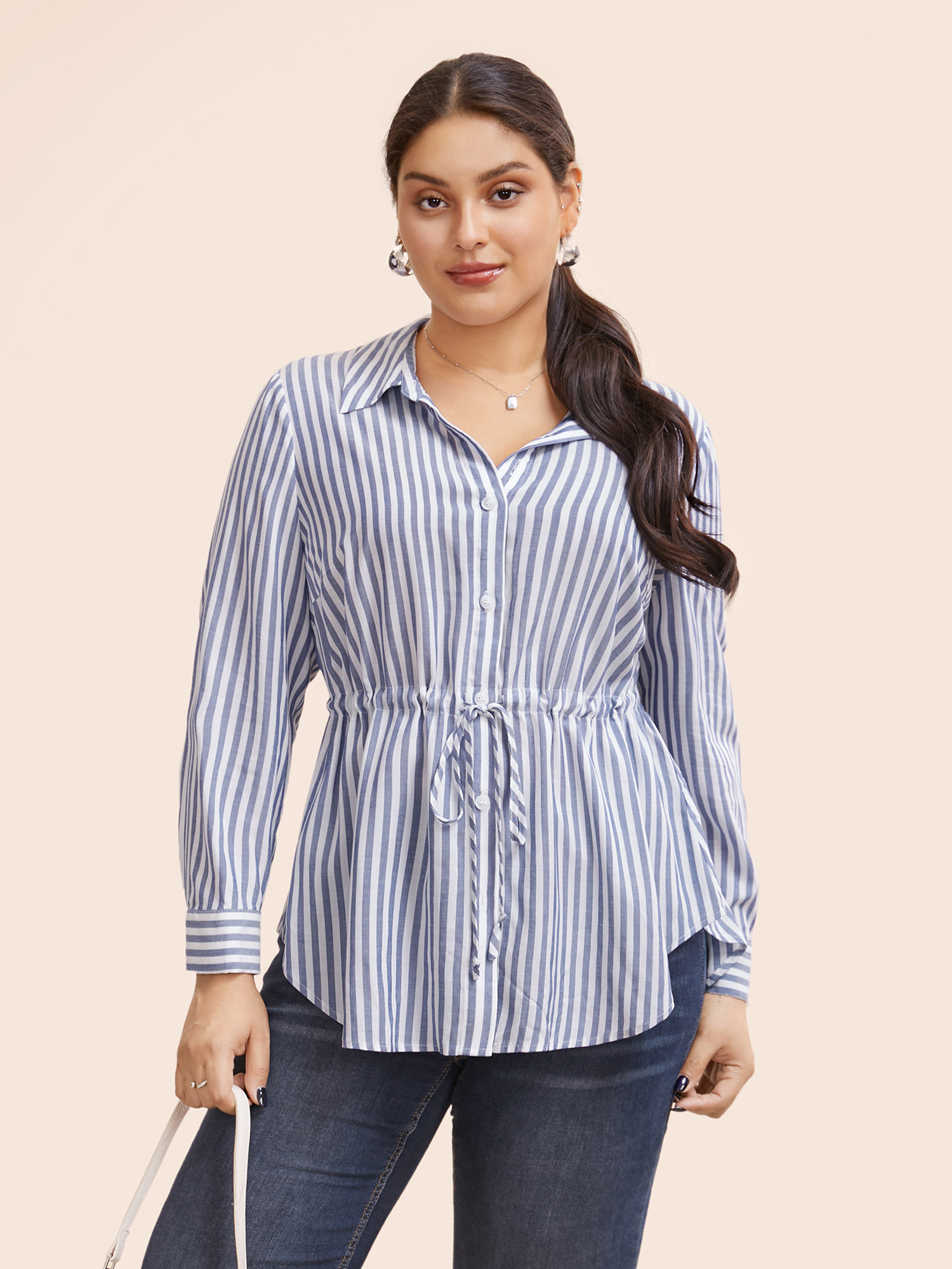 

Plus Size LightBlue Striped Shirt Collar Drawstring Blouse Women At the Office Long Sleeve Shirt collar Work Blouses BloomChic