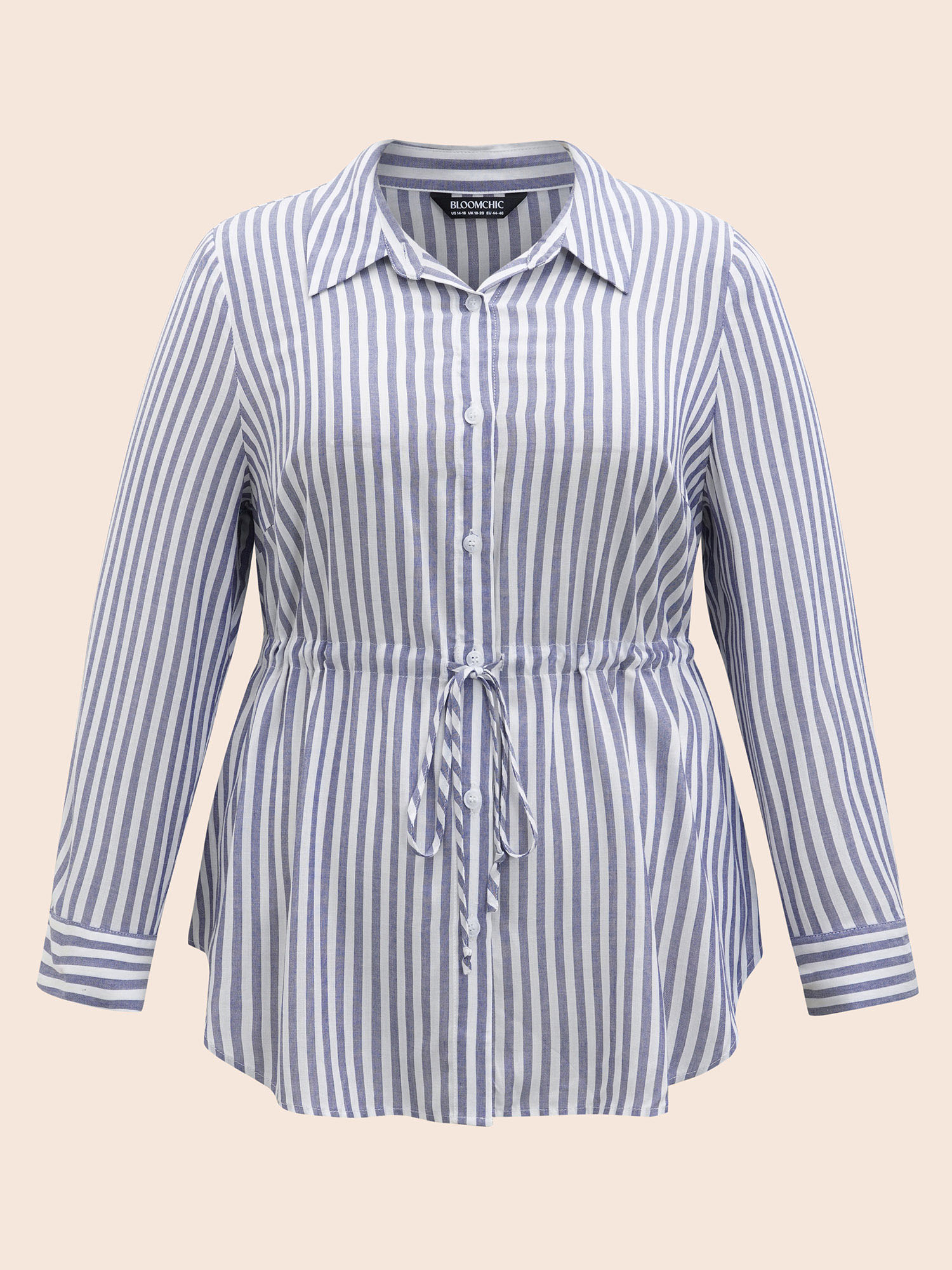 

Plus Size LightBlue Striped Shirt Collar Drawstring Blouse Women At the Office Long Sleeve Shirt collar Work Blouses BloomChic