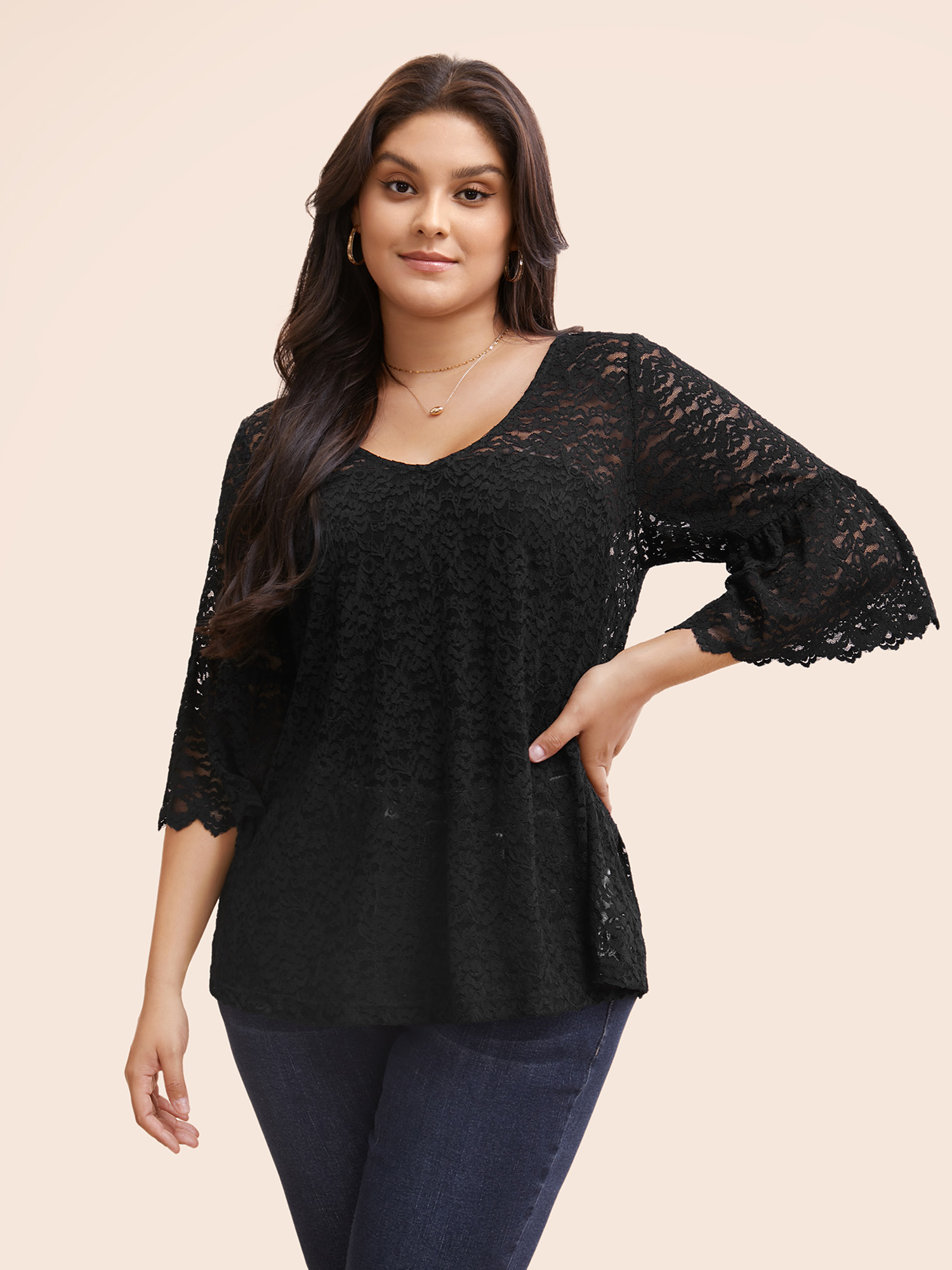 

Plus Size Black V Neck Lace Mesh Ruffle Trim Blouse Women Elegant Elbow-length sleeve V-neck Everyday Blouses BloomChic