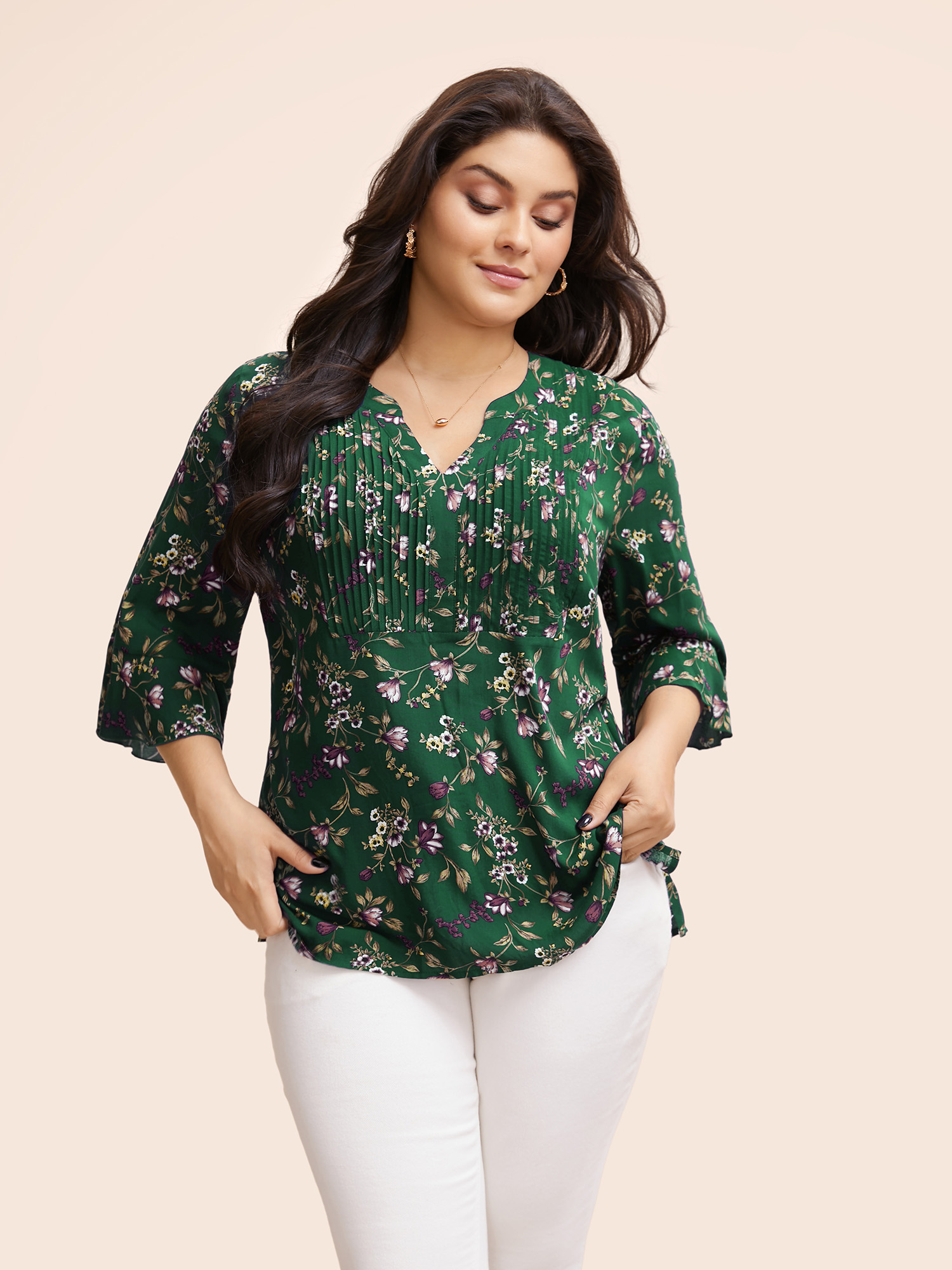 

Plus Size DarkGreen Ditsy Floral Pleated Flutter Sleeve Blouse Women Elegant Elbow-length sleeve Flat collar with V-notch Everyday Blouses BloomChic