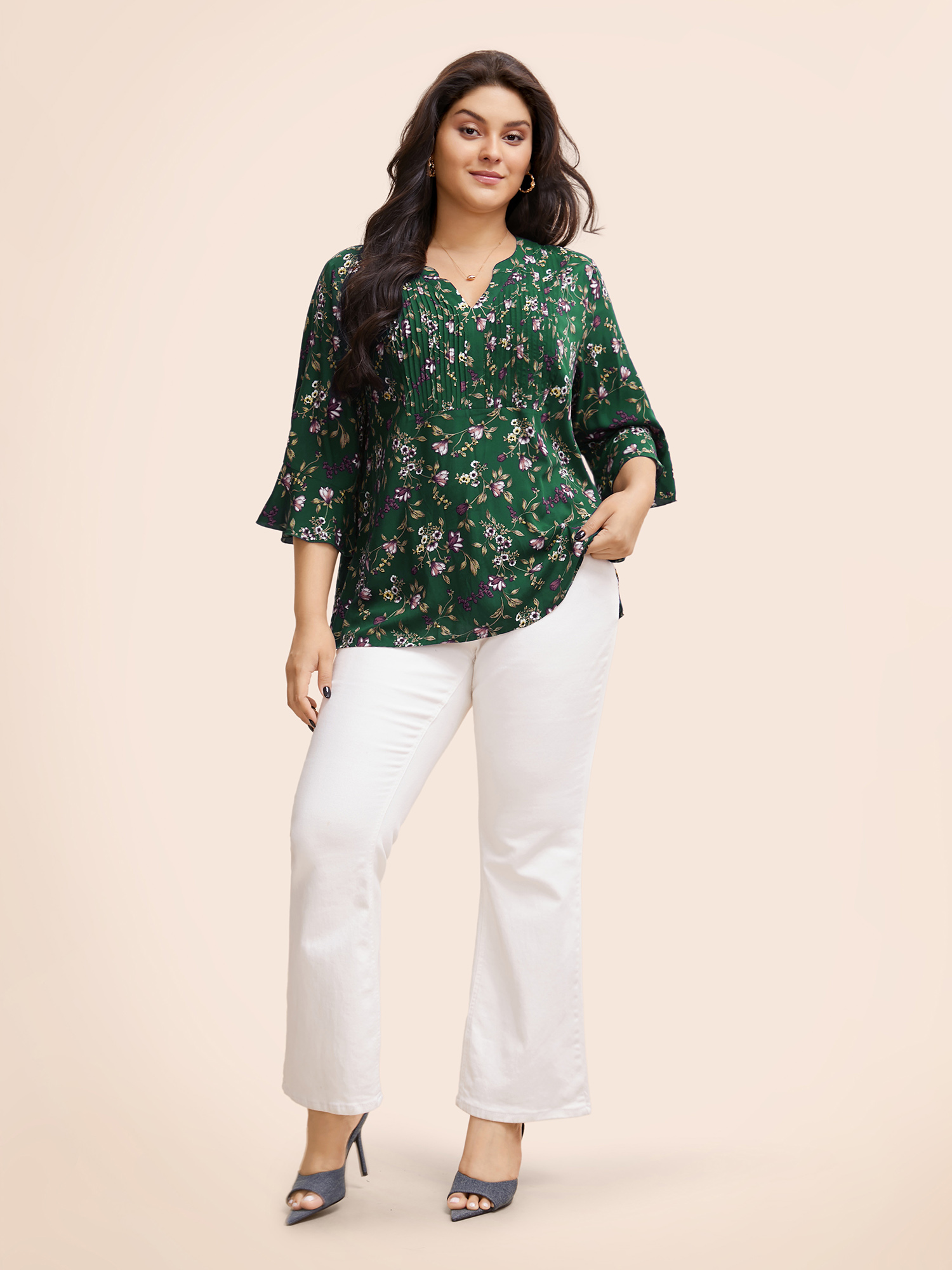 

Plus Size DarkGreen Ditsy Floral Pleated Flutter Sleeve Blouse Women Elegant Elbow-length sleeve Flat collar with V-notch Everyday Blouses BloomChic