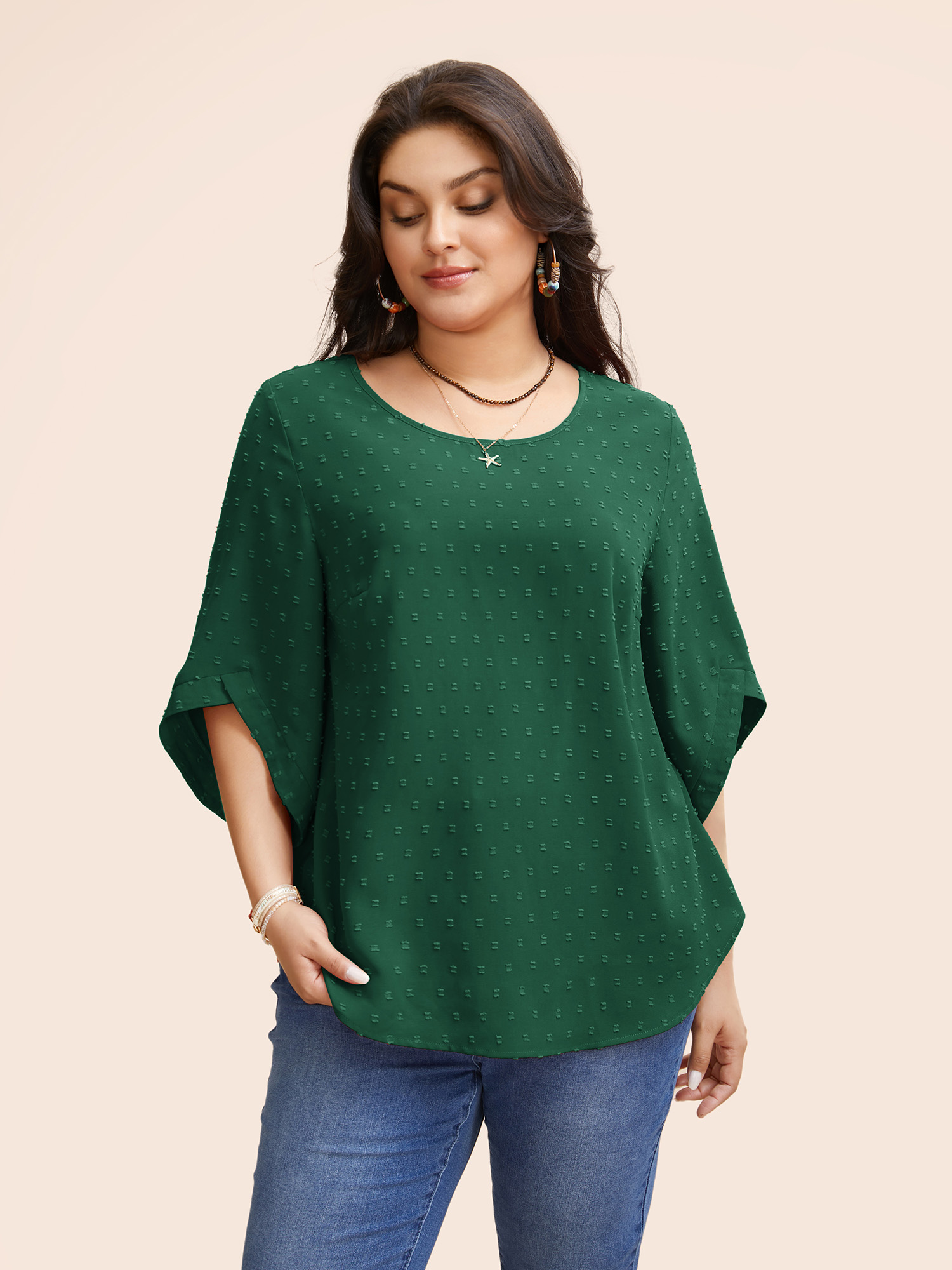 

Plus Size DarkGreen Textured Round Neck Bell Sleeve Blouse Women Elegant Elbow-length sleeve Round Neck Everyday Blouses BloomChic