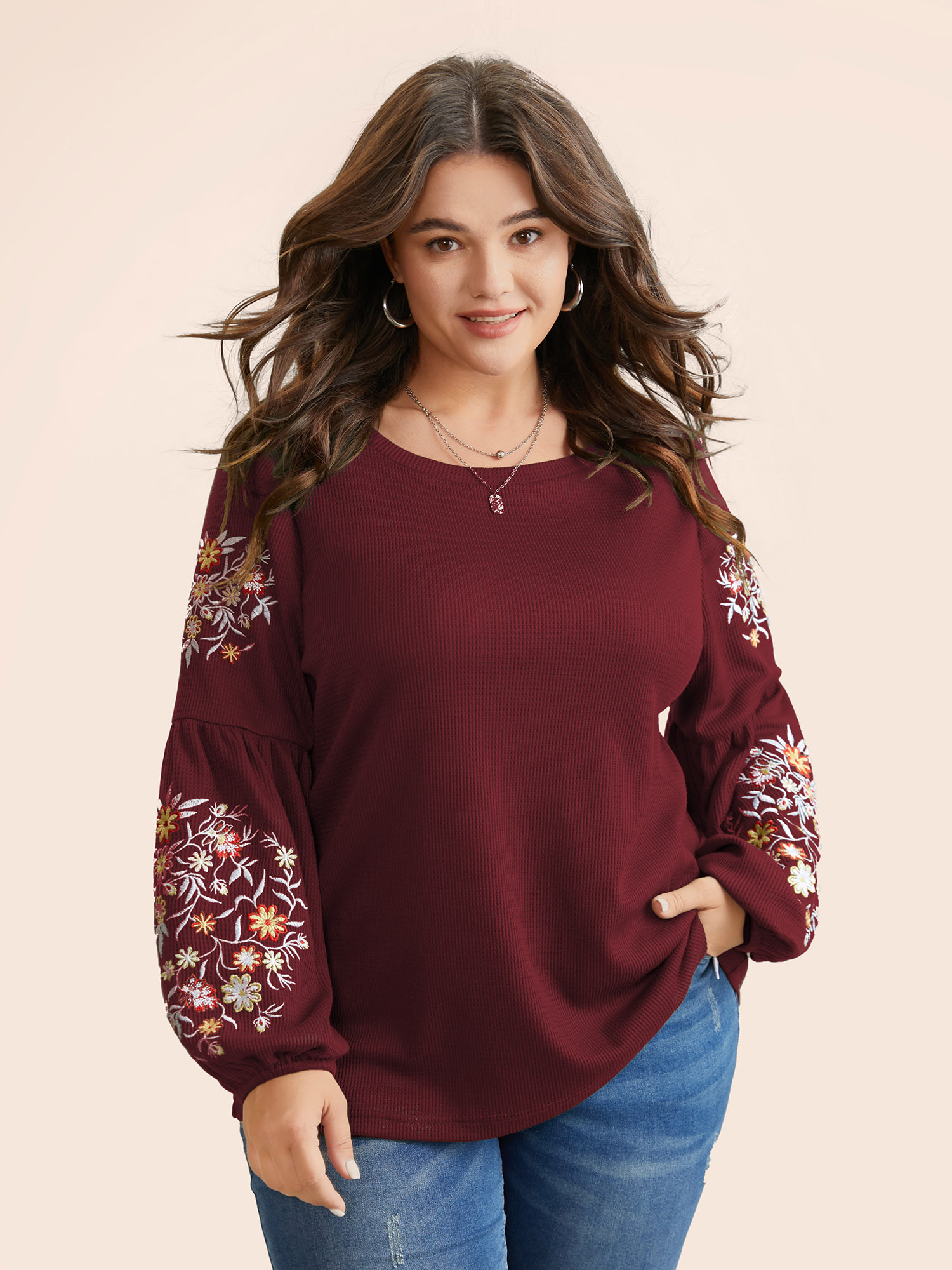 

Plus Size Waffle Knit Floral Embroidered Lantern Sleeve T-shirt Burgundy Women Elegant Texture Floral Round Neck Everyday T-shirts BloomChic