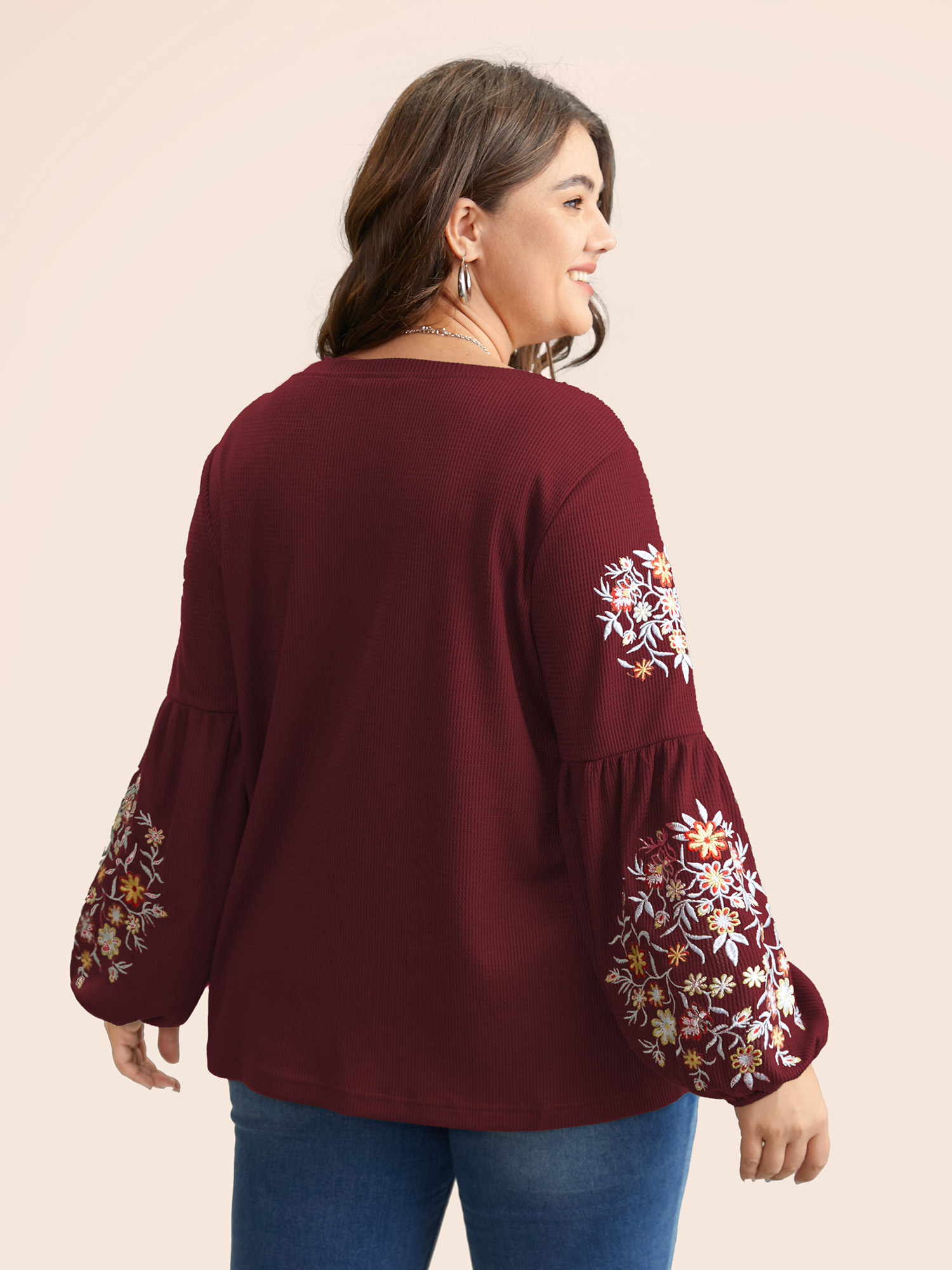 

Plus Size Waffle Knit Floral Embroidered Lantern Sleeve T-shirt Burgundy Women Elegant Texture Floral Round Neck Everyday T-shirts BloomChic