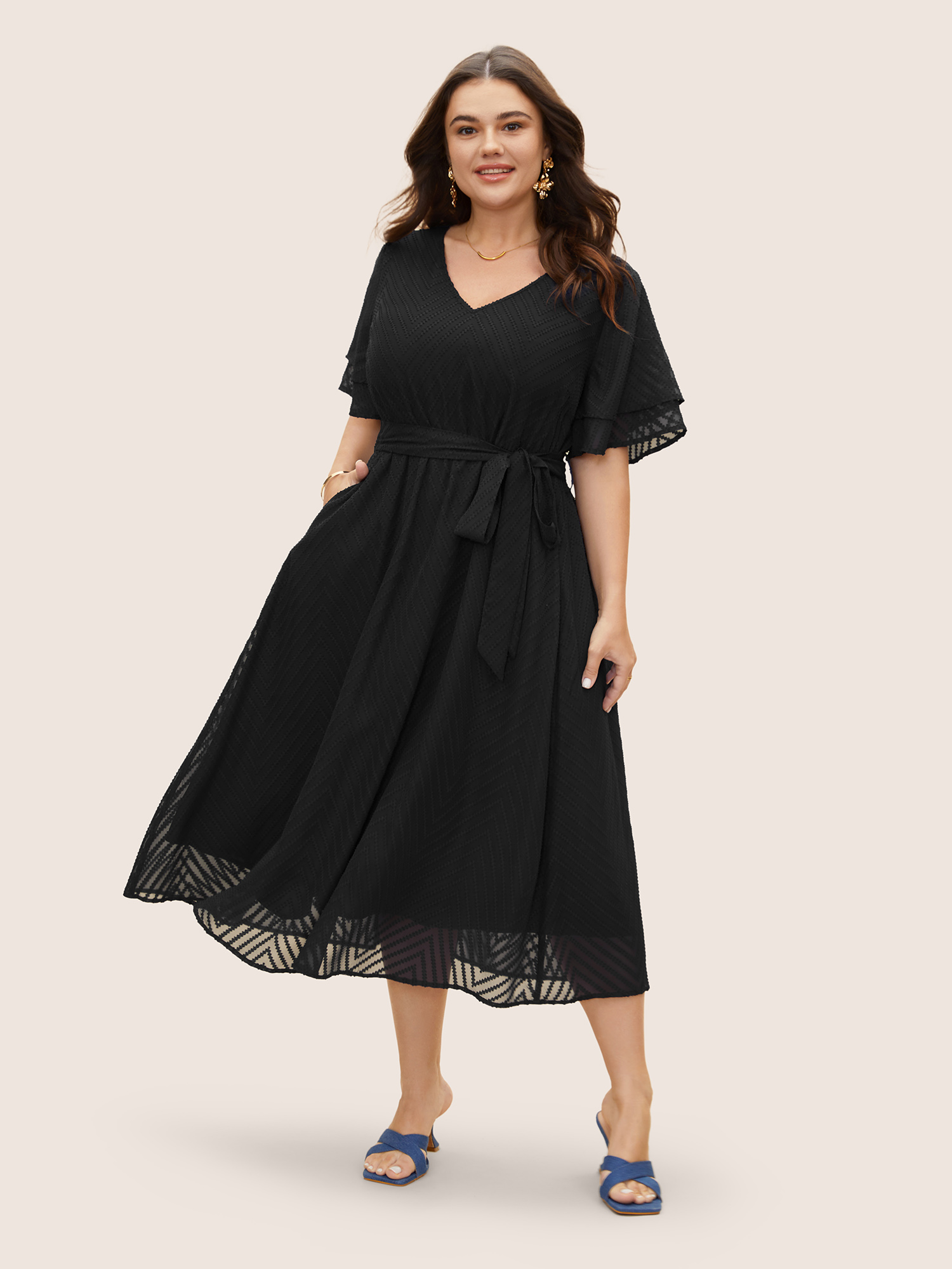 

Plus Size Texture Tiered Ruffle Sleeve See Through Dress Black Women Elegant Texture V-neck Half Sleeve Curvy BloomChic