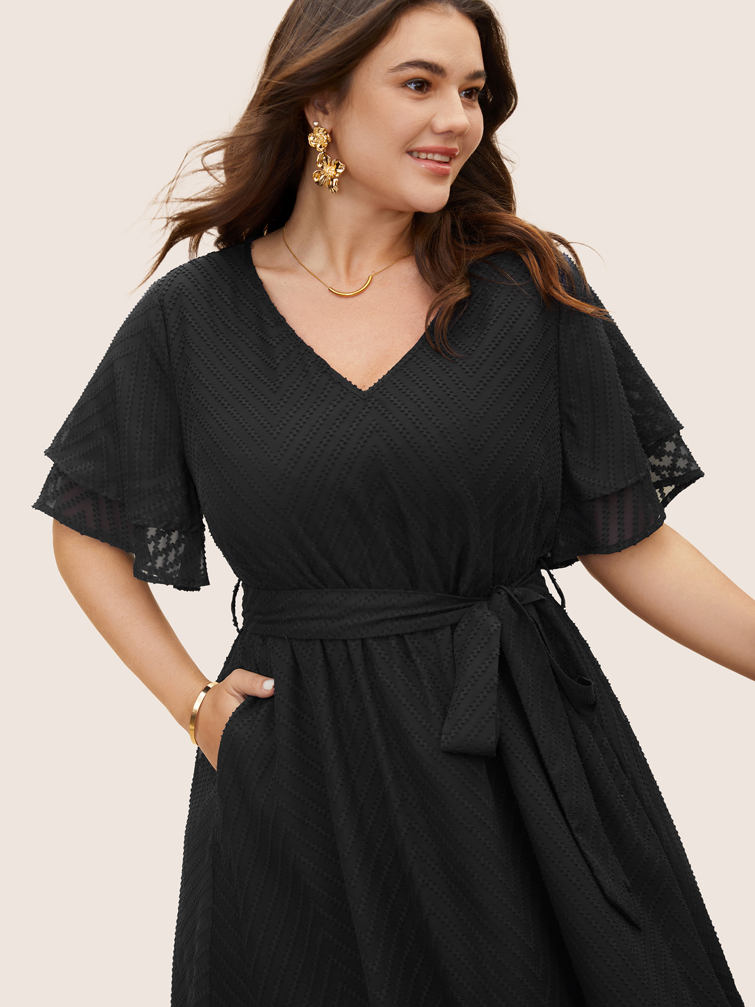 

Plus Size Texture Tiered Ruffle Sleeve See Through Dress Black Women Elegant Texture V-neck Half Sleeve Curvy BloomChic