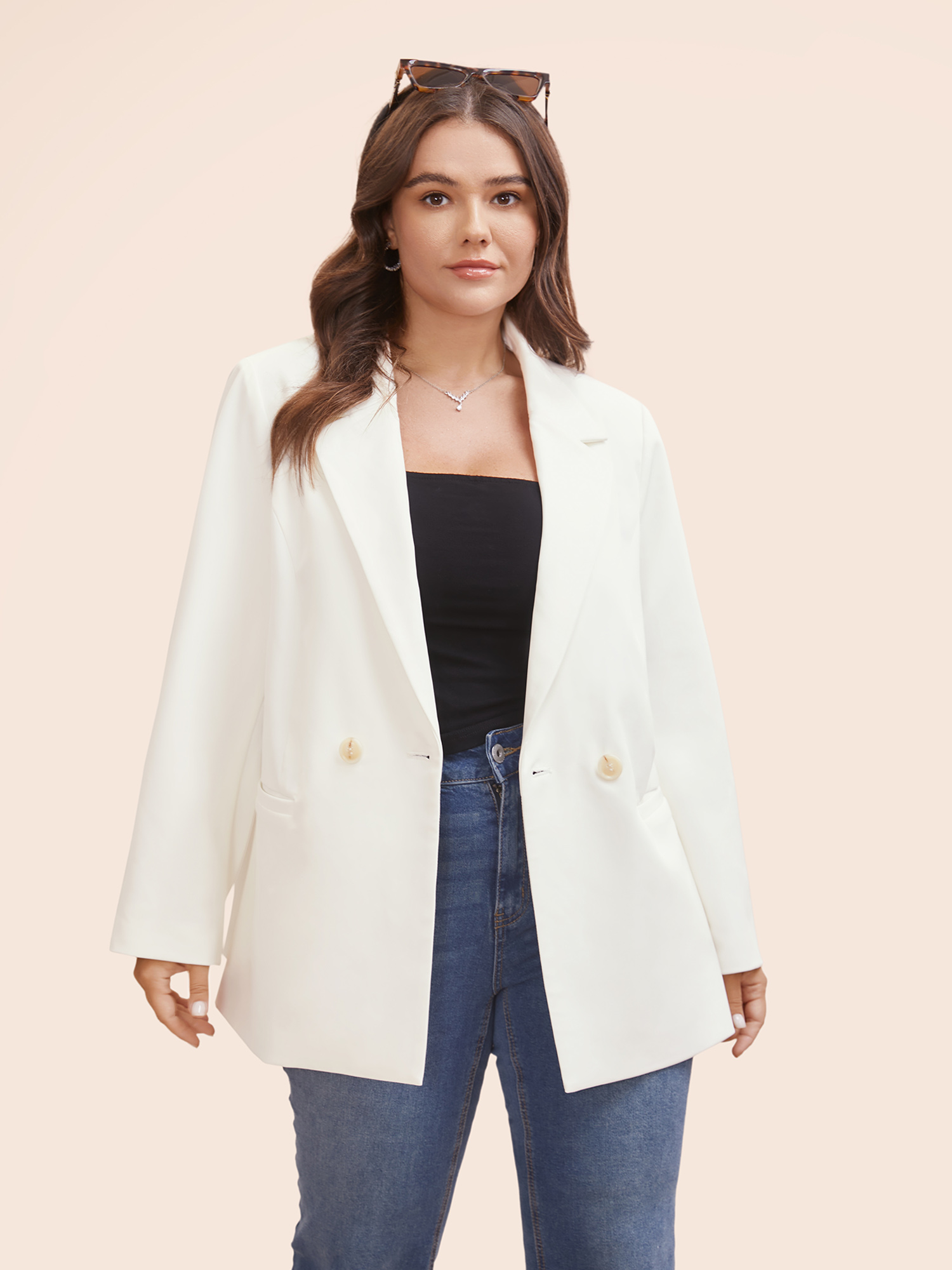 

Plus Size Suit Collar Plain Single Flap Pocket Blazer Originalwhite Women Work Button Sleeve Long Sleeve Suit Collar  Single-flap pocket Work From Home Blazers BloomChic