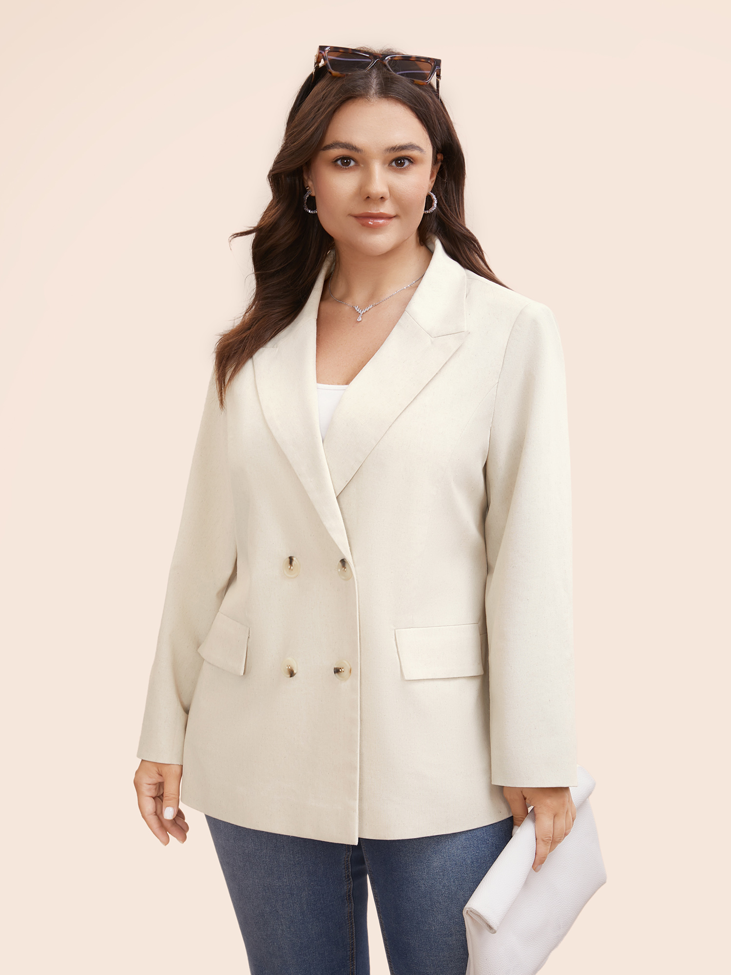 

Plus Size Suit Collar Flap Detail Cotton Linen Blazer Apricot Women Work Button Sleeve Long Sleeve Suit Collar  Open pocket with flap Work From Home Blazers BloomChic