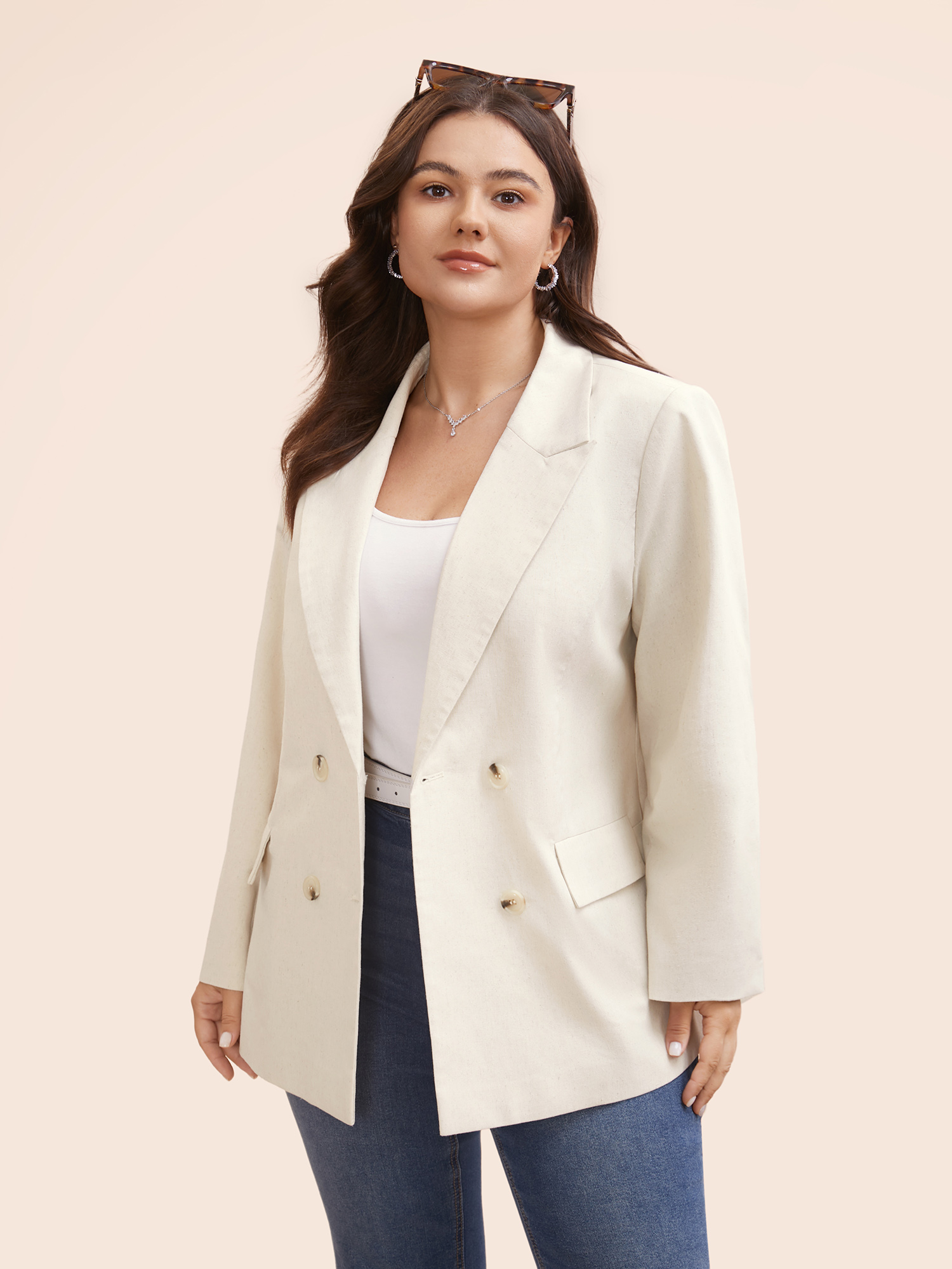 

Plus Size Suit Collar Flap Detail Cotton Linen Blazer Apricot Women Work Button Sleeve Long Sleeve Suit Collar  Open pocket with flap Work From Home Blazers BloomChic