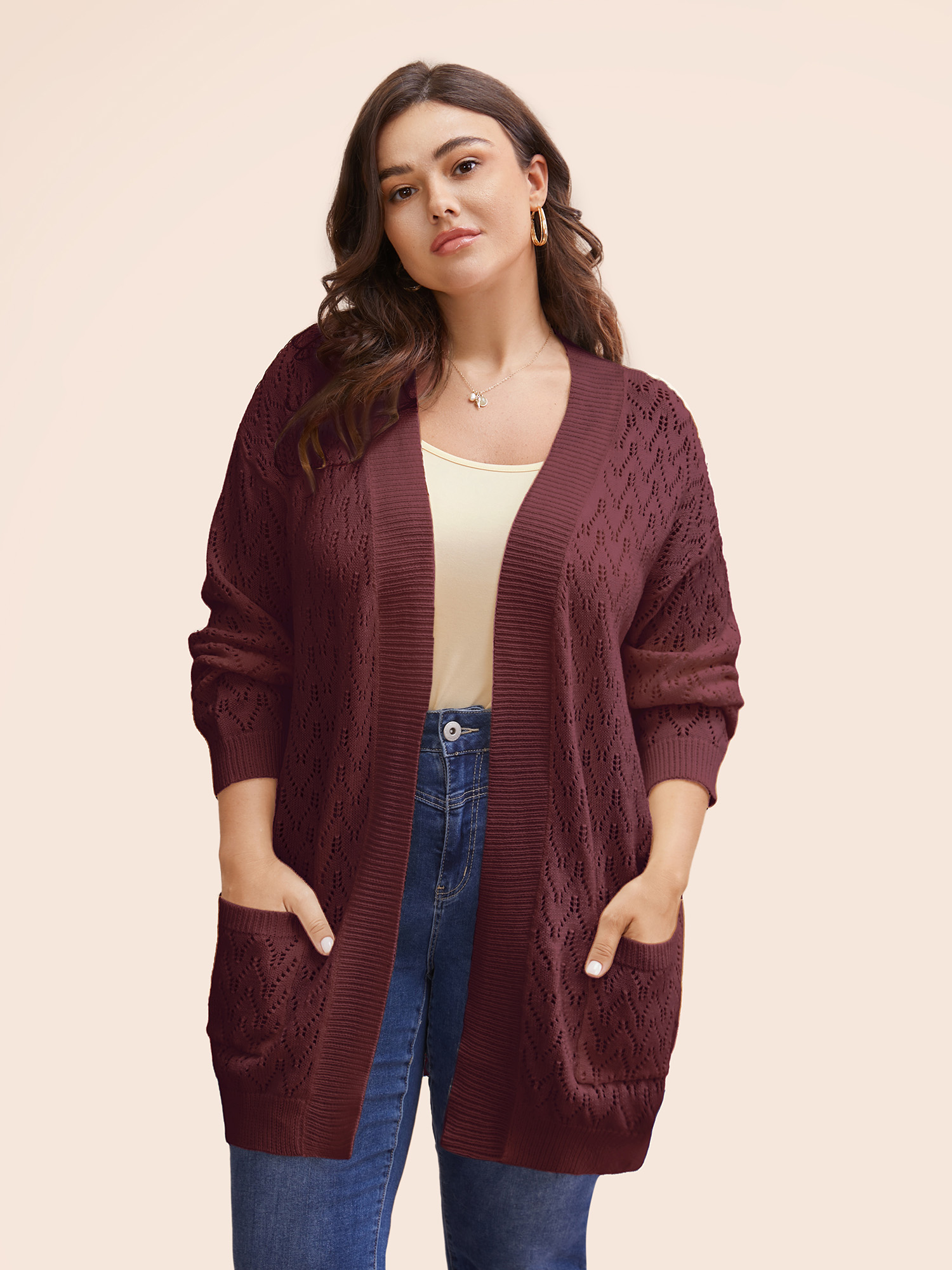 

Plus Size Kimono Collar Patch Pocket Pointelle Knit Cardigan Plum Women Casual Loose Long Sleeve Everyday Cardigans BloomChic