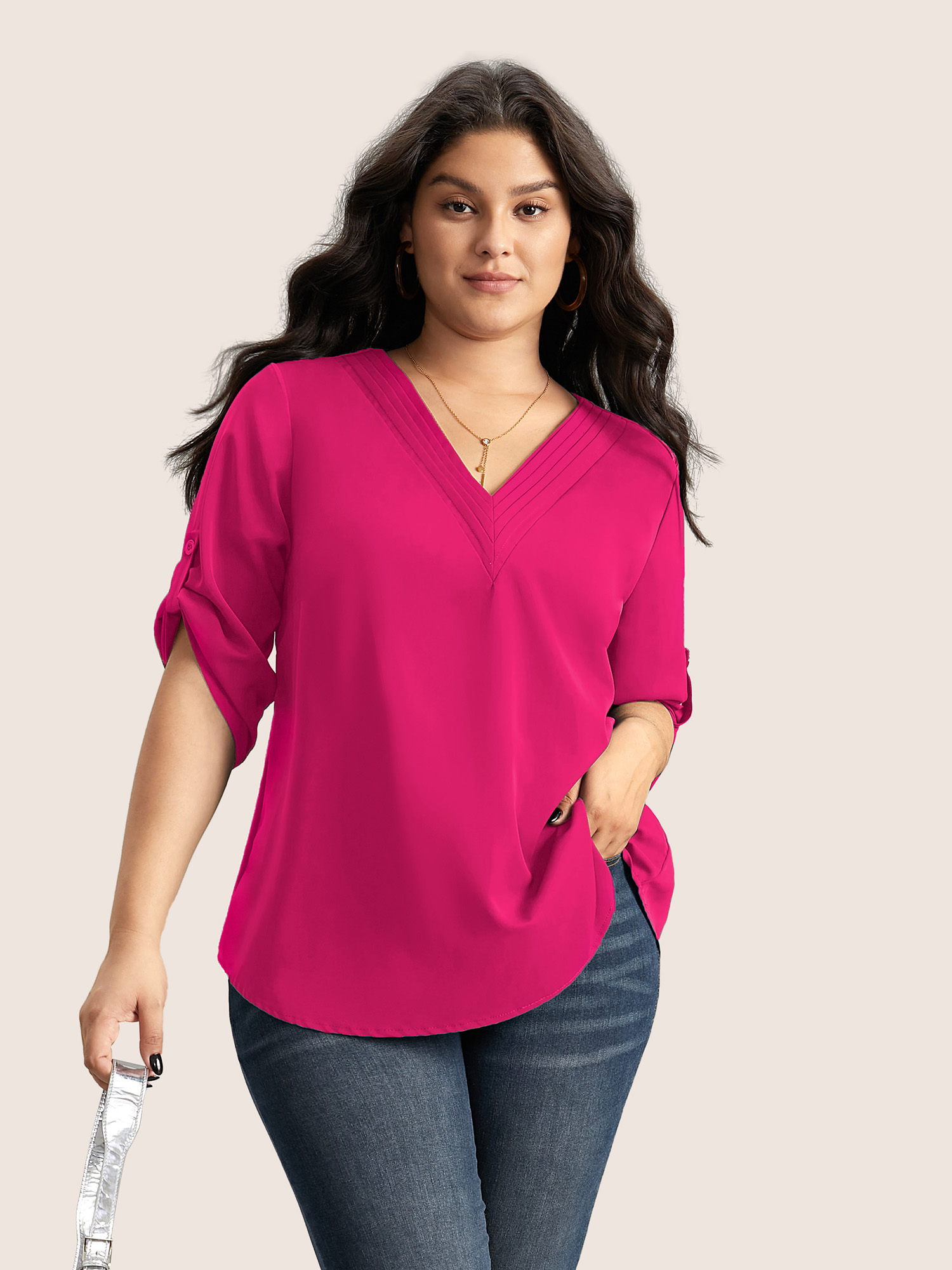 

Plus Size Rosered V Neck Plain Pleated Tab Sleeve Blouse Women At the Office Elbow-length sleeve V-neck Work Blouses BloomChic