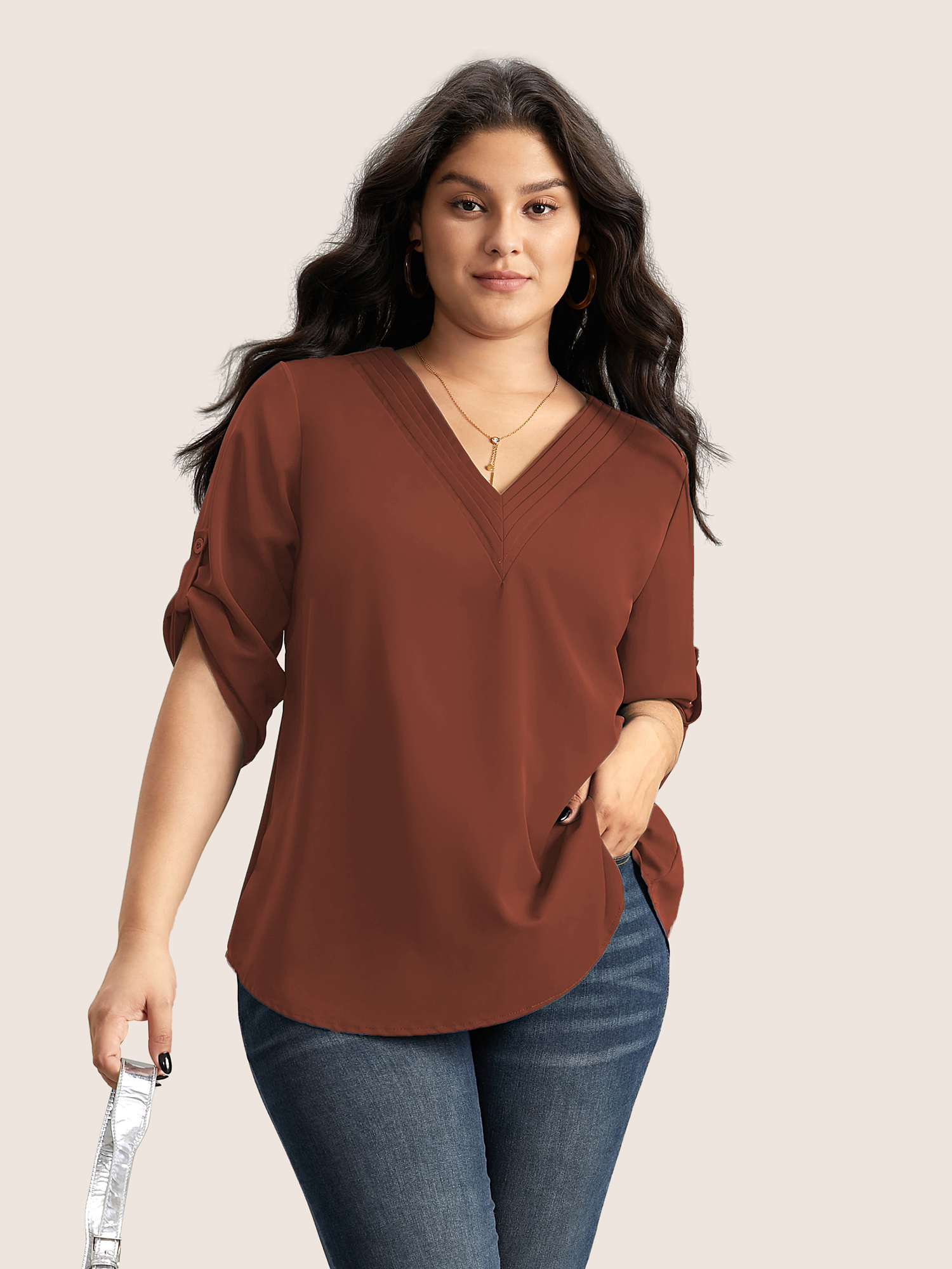 

Plus Size Rust V Neck Plain Pleated Tab Sleeve Blouse Women At the Office Elbow-length sleeve V-neck Work Blouses BloomChic