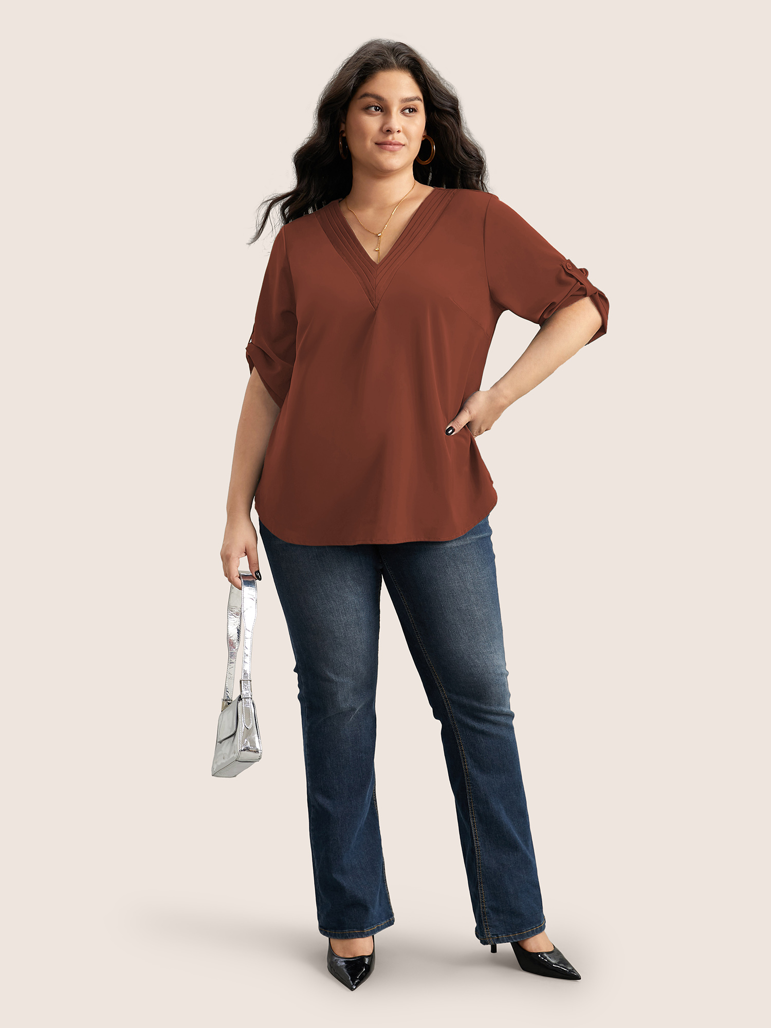 Plus Size Rust V Neck Plain Pleated Tab Sleeve Blouse Women At the Office Elbow-length sleeve V-neck Work Blouses BloomChic 10/M 