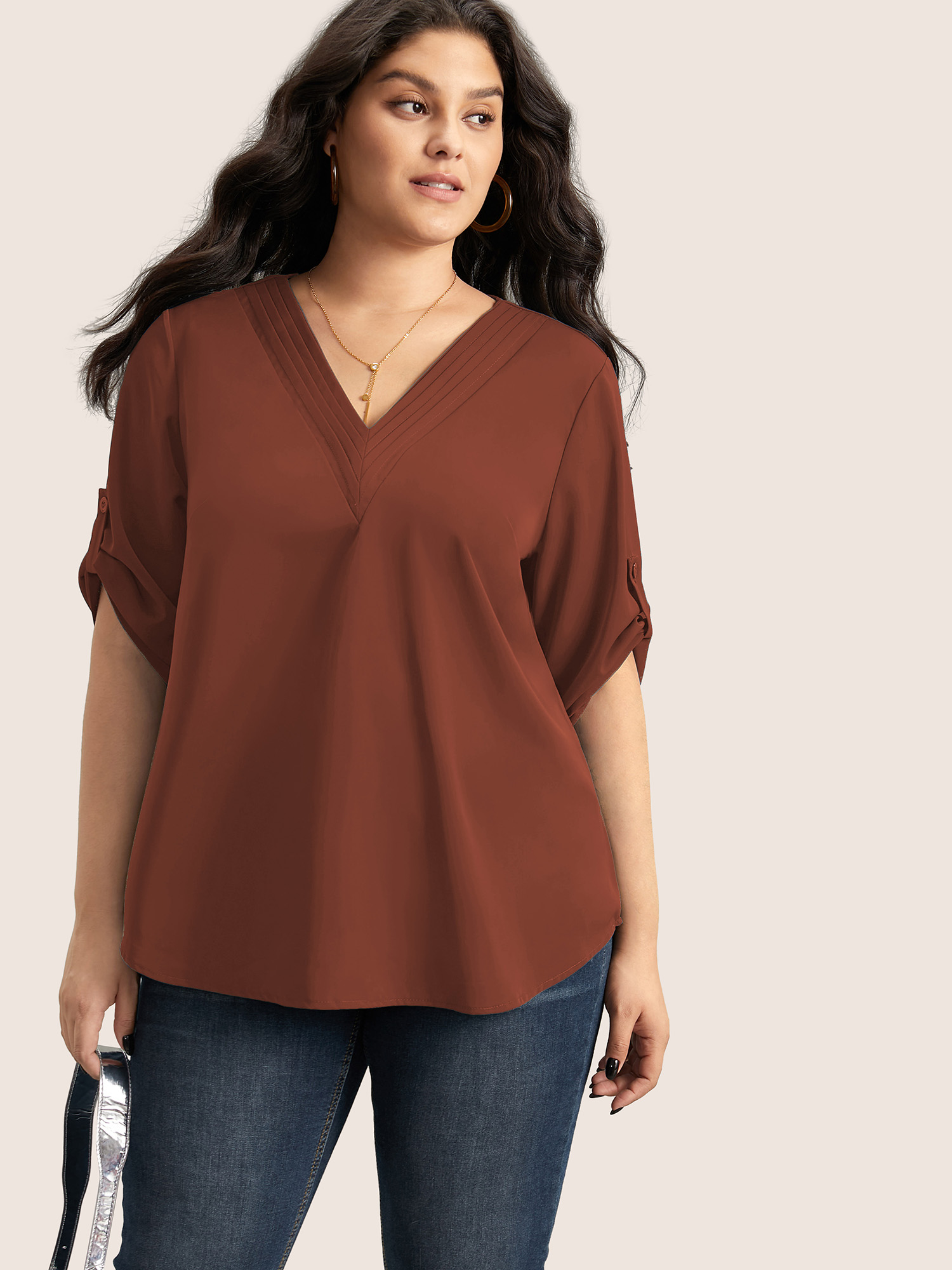 Plus Size Rust V Neck Plain Pleated Tab Sleeve Blouse Women At the Office Elbow-length sleeve V-neck Work Blouses BloomChic 10/M 