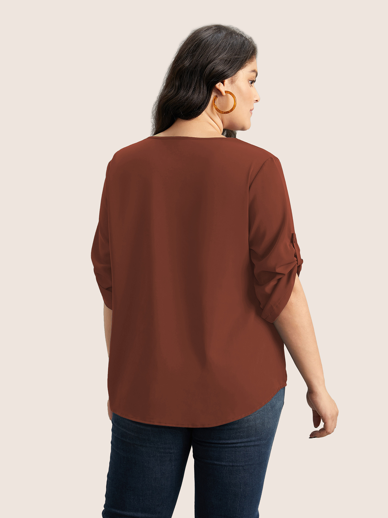 

Plus Size Rust V Neck Plain Pleated Tab Sleeve Blouse Women At the Office Elbow-length sleeve V-neck Work Blouses BloomChic