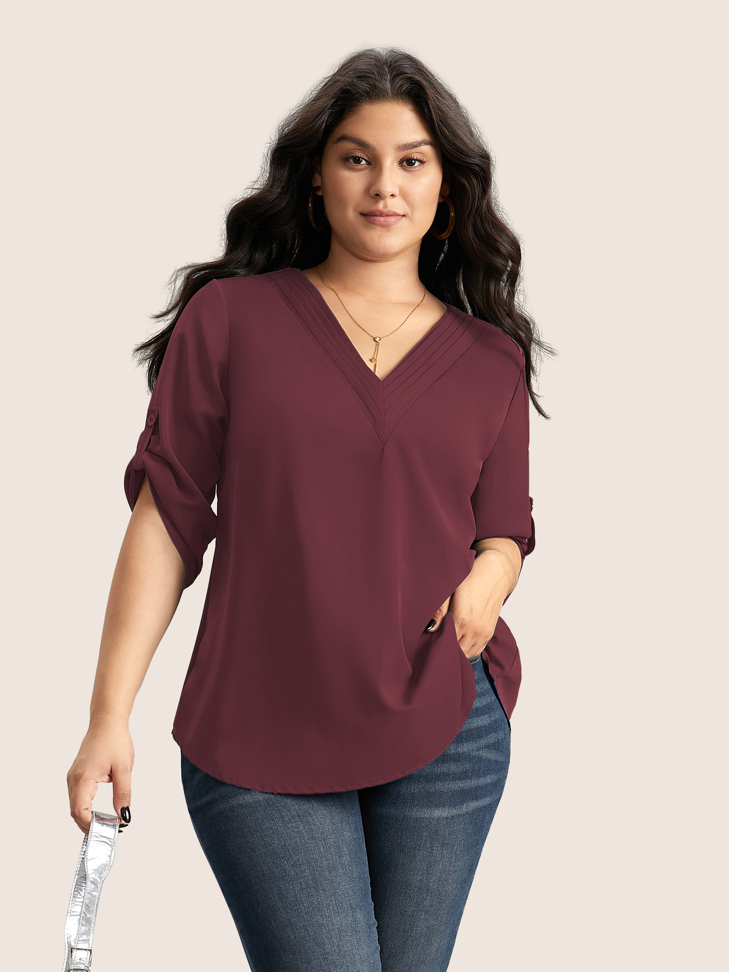 

Plus Size Plum V Neck Plain Pleated Tab Sleeve Blouse Women At the Office Elbow-length sleeve V-neck Work Blouses BloomChic