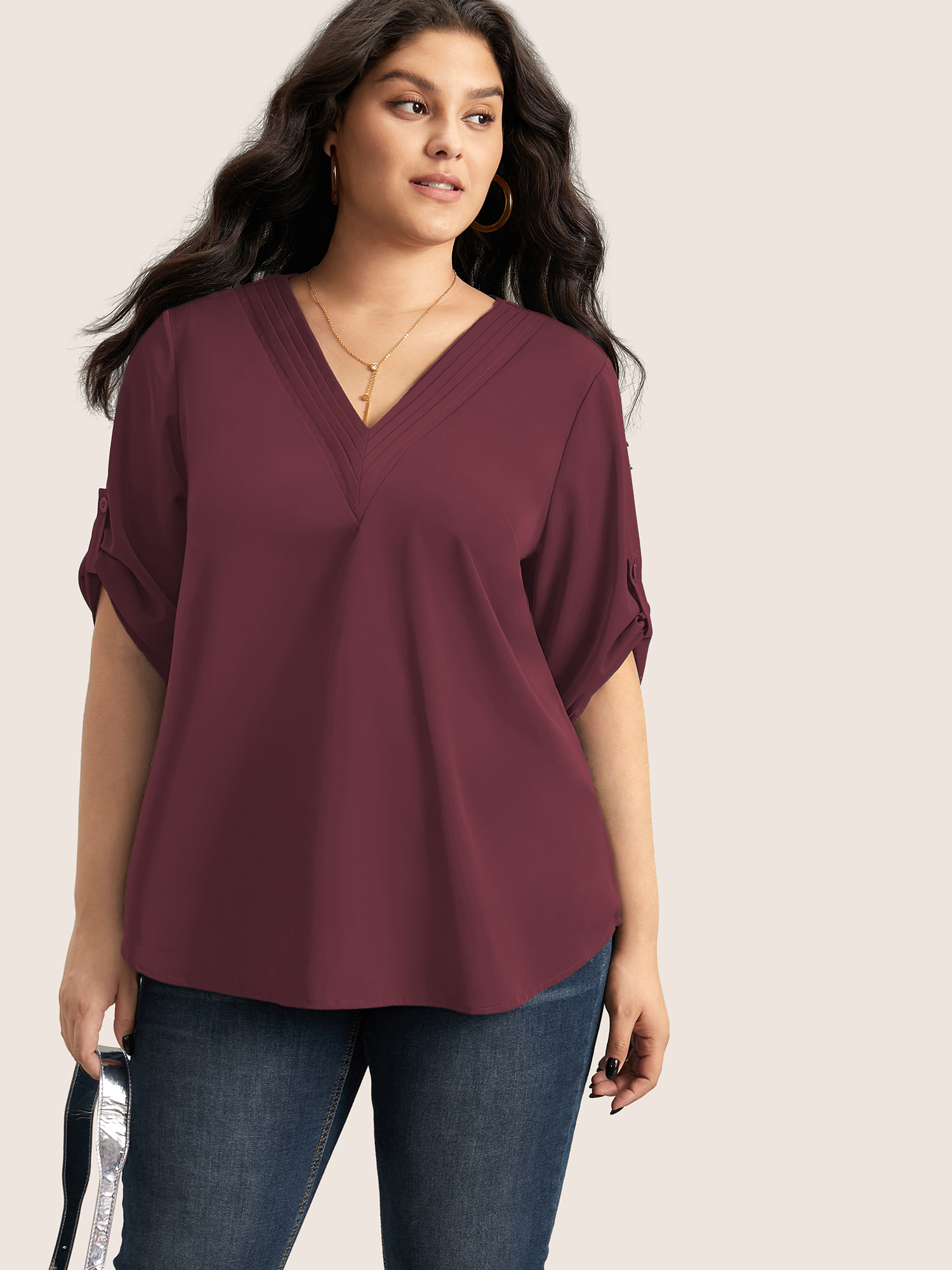 

Plus Size Plum V Neck Plain Pleated Tab Sleeve Blouse Women At the Office Elbow-length sleeve V-neck Work Blouses BloomChic