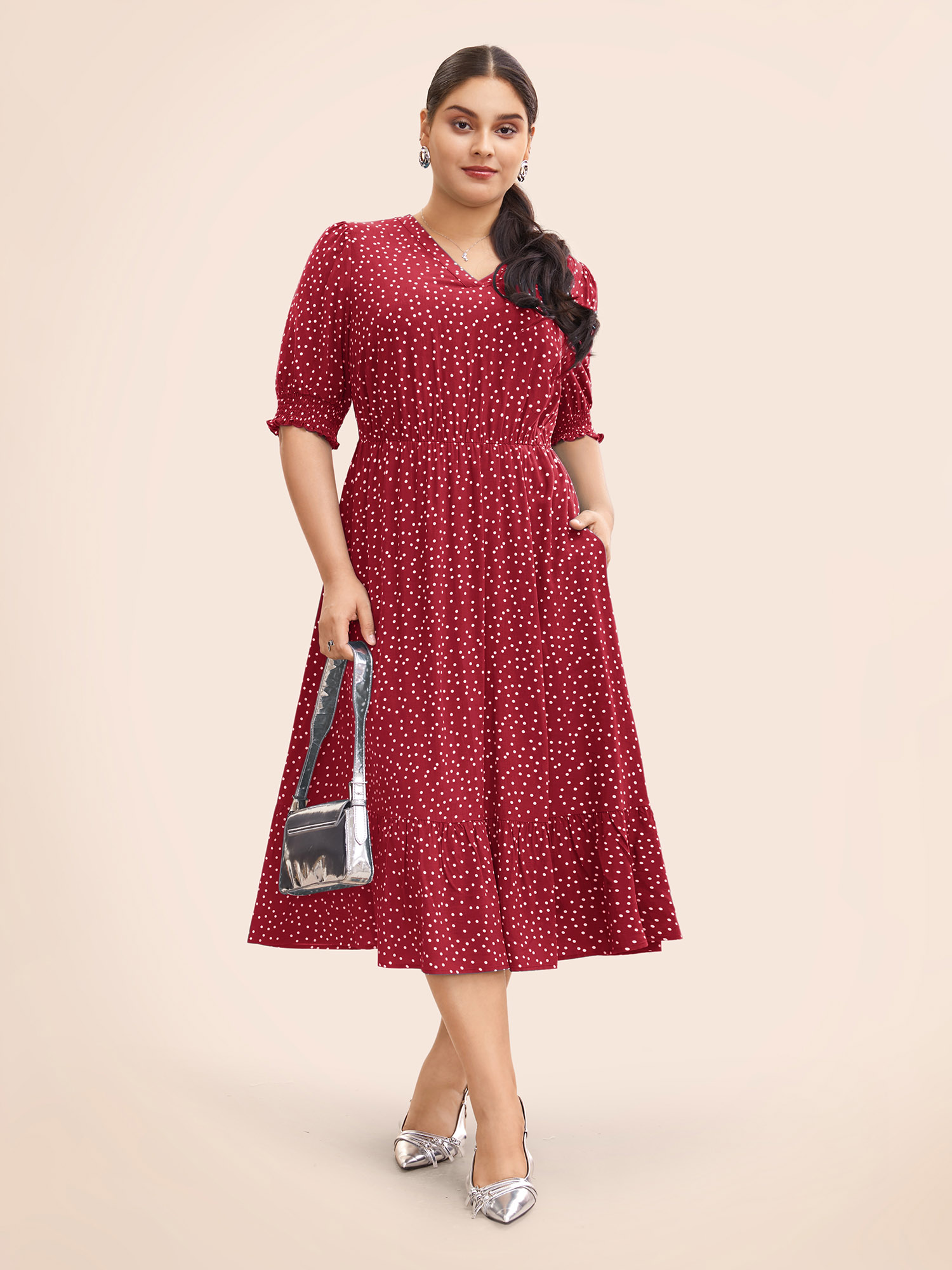 

Plus Size Polka Dot Shirred Pocket Flutter Hem Dress Burgundy Women Office Printed V-neck Half Sleeve Curvy Midi Dress BloomChic