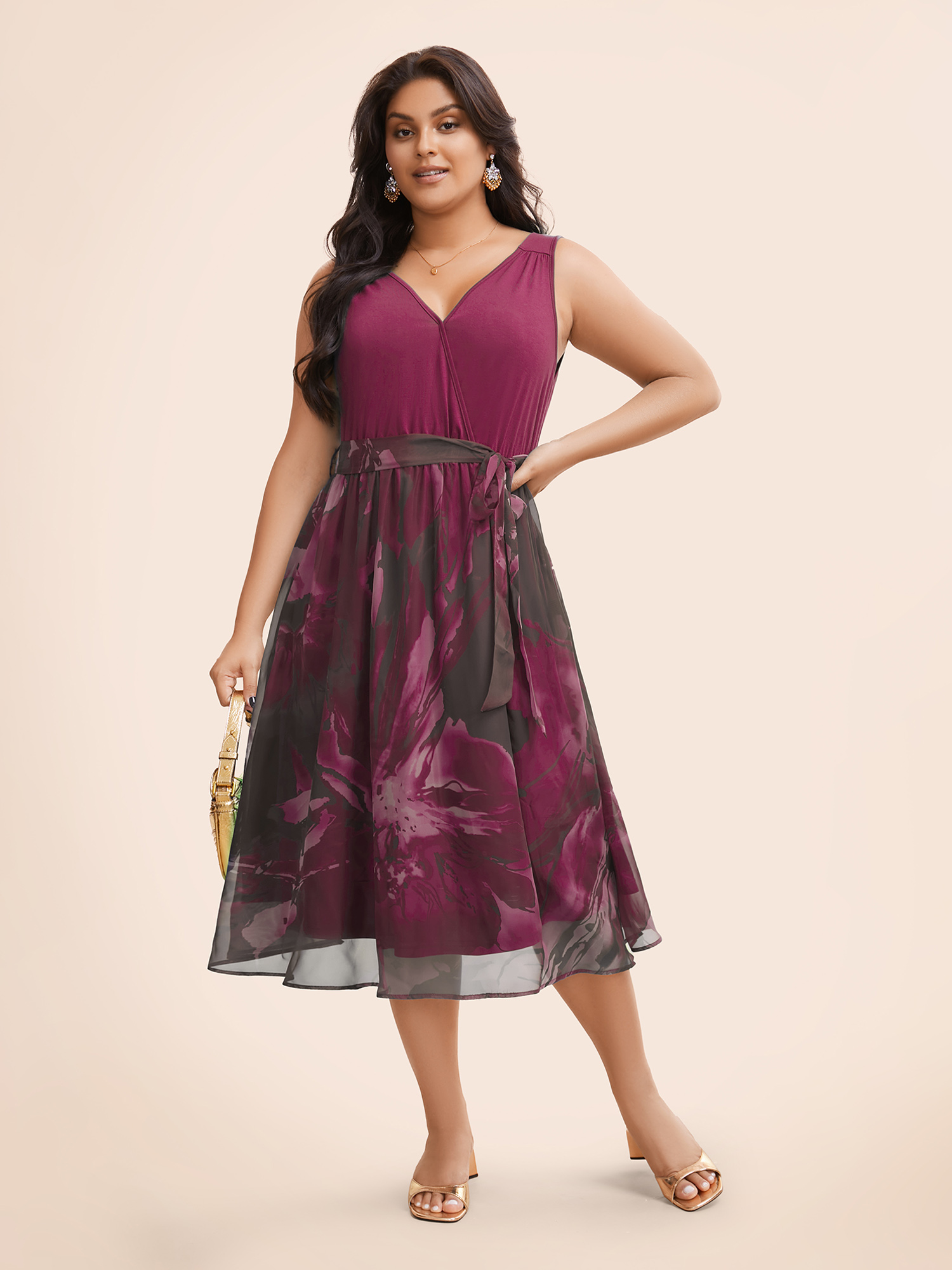 

Plus Size Floral Print Belted Patchwork Pocket Tank Dress RedViolet Women Glamour Wrap Overlap Collar Sleeveless Curvy Midi Dress BloomChic