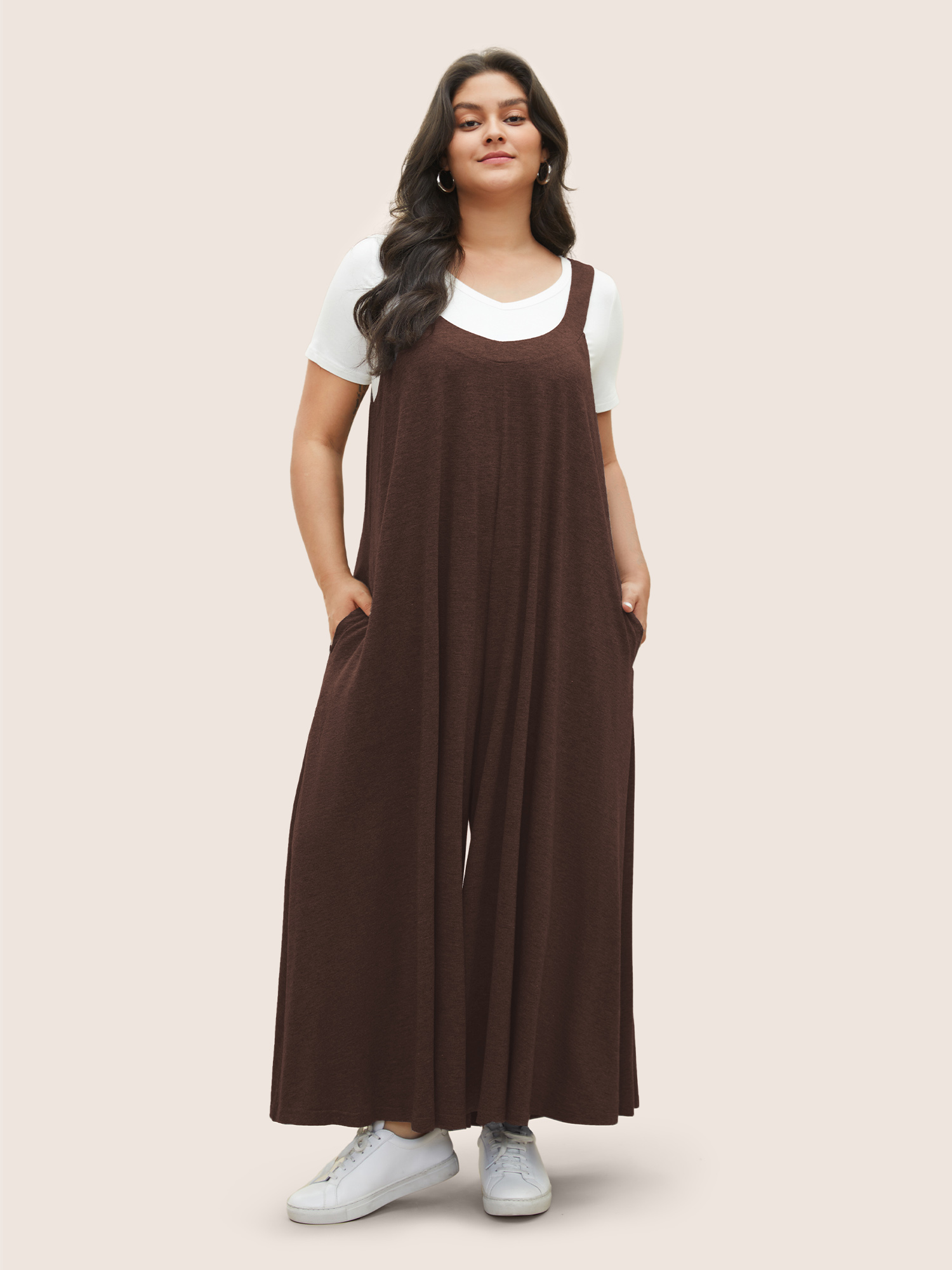 

Plus Size DarkBrown Supersoft Essentials Solid Pocket Adjustable Straps Jumpsuit Women Casual Sleeveless Non Everyday Loose Jumpsuits BloomChic