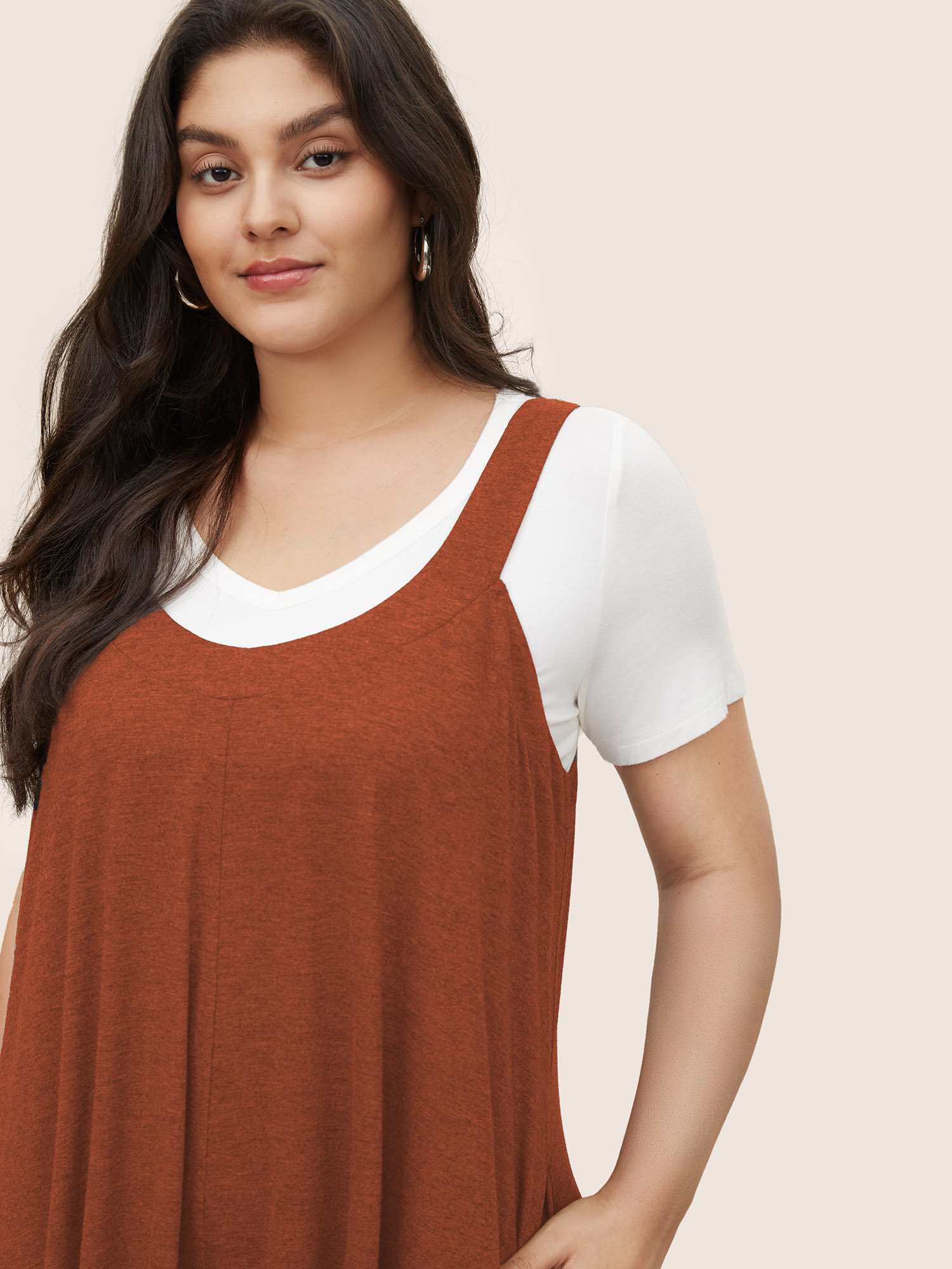 Plus Size Rust Supersoft Essentials Solid Pocket Adjustable Straps Jumpsuit Women Casual Sleeveless Non Everyday Loose Jumpsuits BloomChic 12/L 