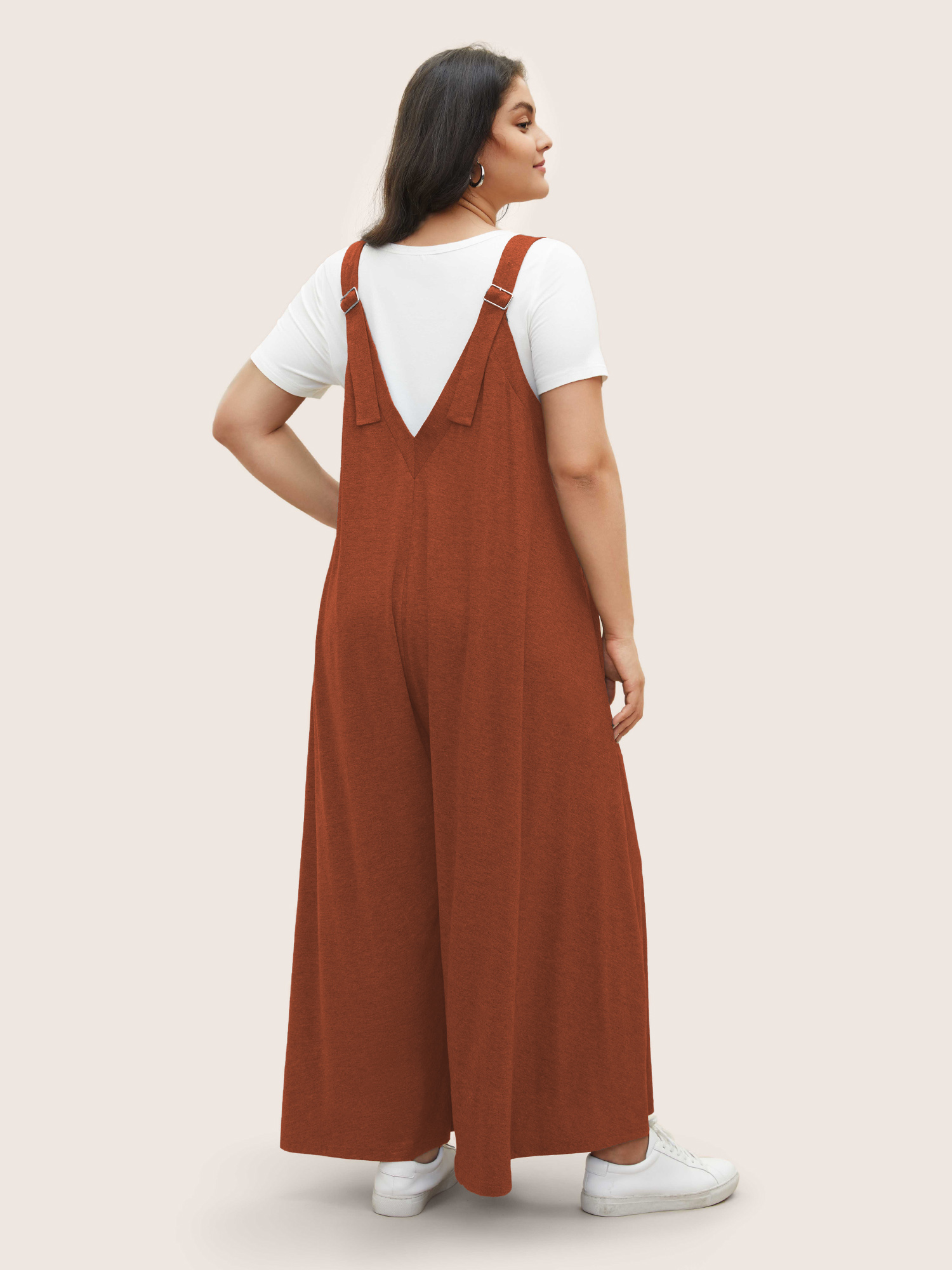 Plus Size Rust Supersoft Essentials Solid Pocket Adjustable Straps Jumpsuit Women Casual Sleeveless Non Everyday Loose Jumpsuits BloomChic 12/L 