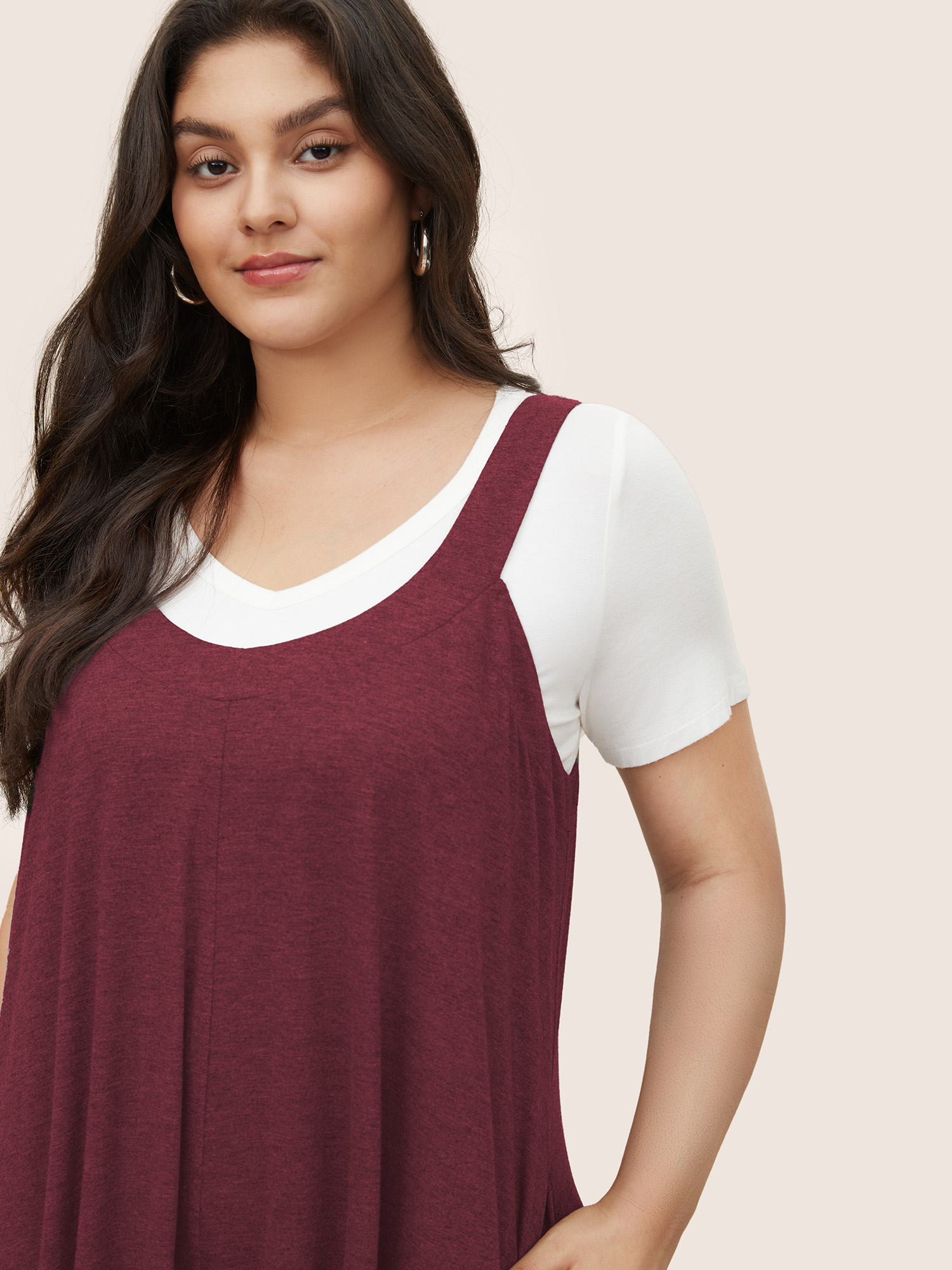 Plus Size Burgundy Supersoft Essentials Solid Pocket Adjustable Straps Jumpsuit Women Casual Sleeveless Non Everyday Loose Jumpsuits BloomChic 10/M 