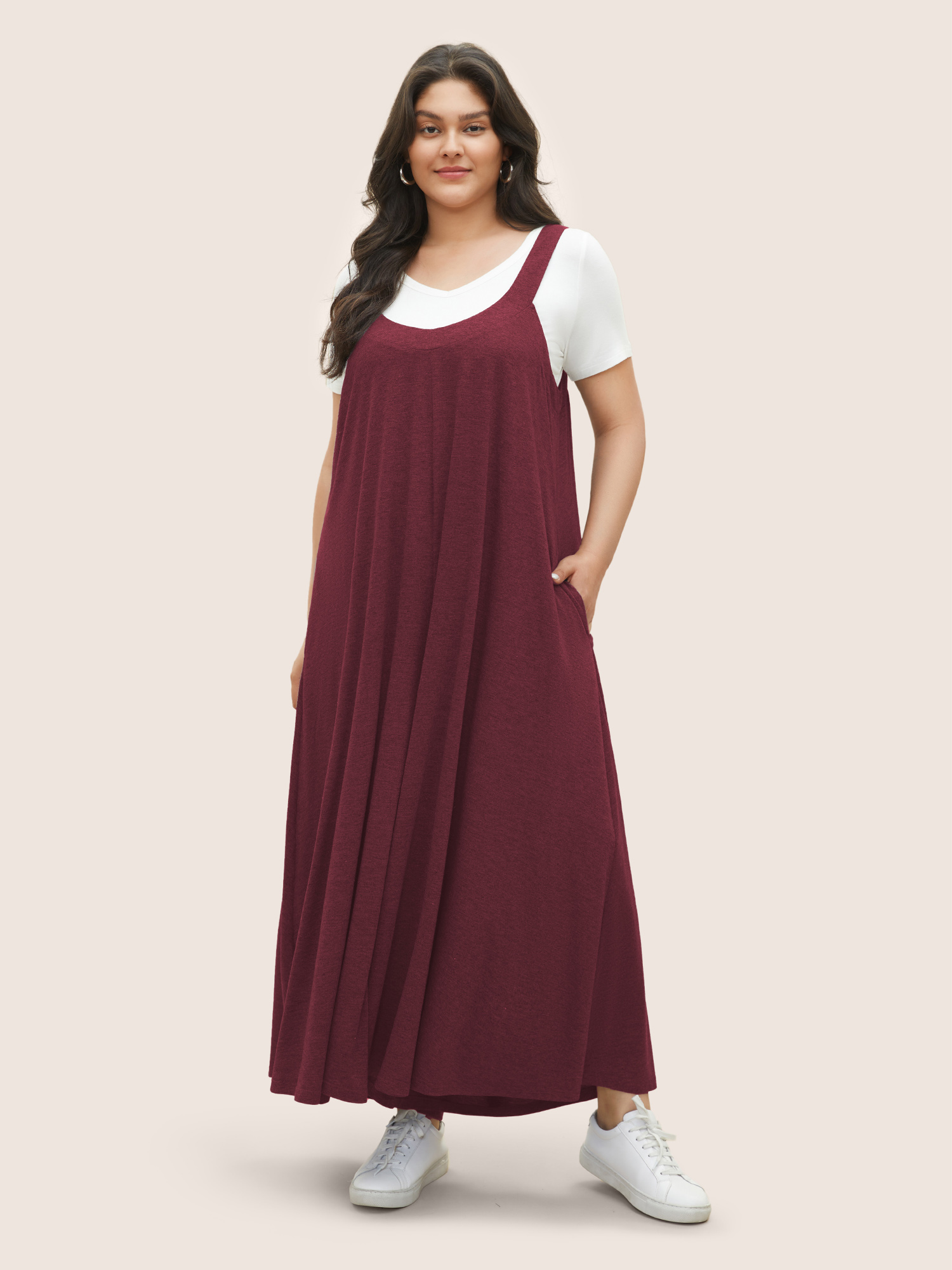 Plus Size Burgundy Supersoft Essentials Solid Pocket Adjustable Straps Jumpsuit Women Casual Sleeveless Non Everyday Loose Jumpsuits BloomChic 10/M 