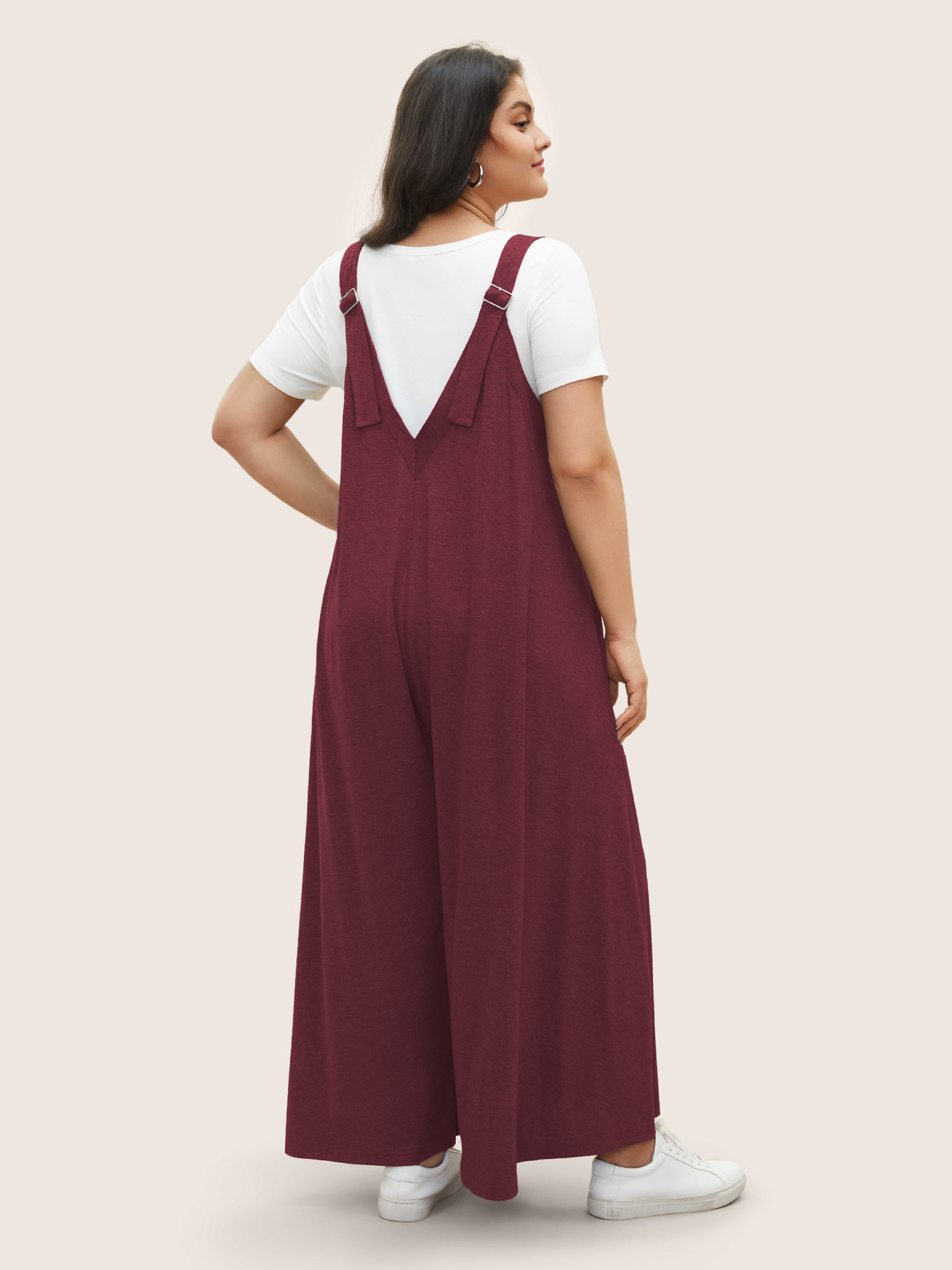 

Plus Size Burgundy Supersoft Essentials Solid Pocket Adjustable Straps Jumpsuit Women Casual Sleeveless Non Everyday Loose Jumpsuits BloomChic