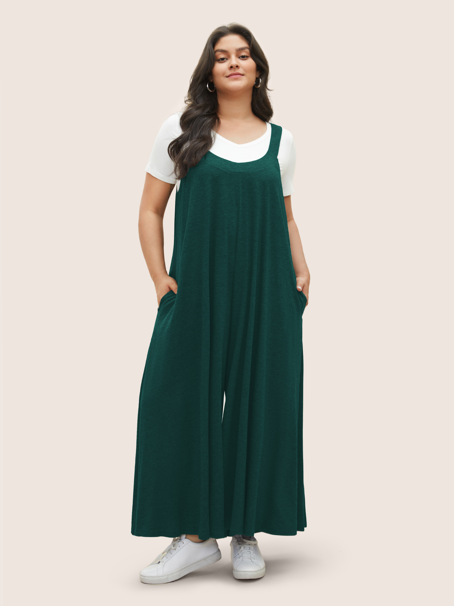 

Plus Size Emerald Supersoft Essentials Solid Pocket Adjustable Straps Jumpsuit Women Casual Sleeveless Non Everyday Loose Jumpsuits BloomChic