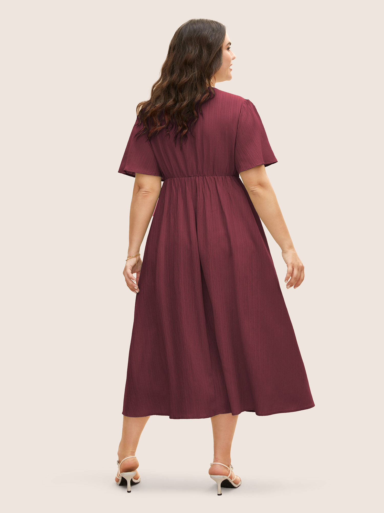 

Plus Size V Neck Button Detail Flutter Sleeve Dress Burgundy Women Elegant Texture V-neck Short sleeve Curvy BloomChic