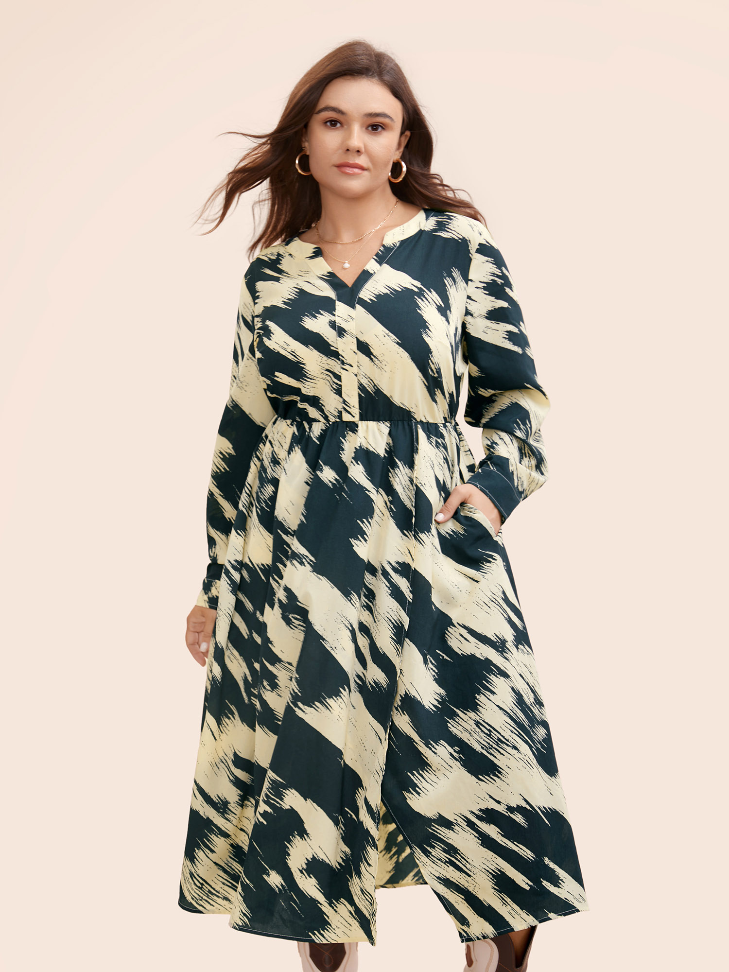 

Plus Size Brush Print Notched Collar Midi Dress DarkSlateGray Women At the Office Contrast Notched collar Long Sleeve Curvy BloomChic