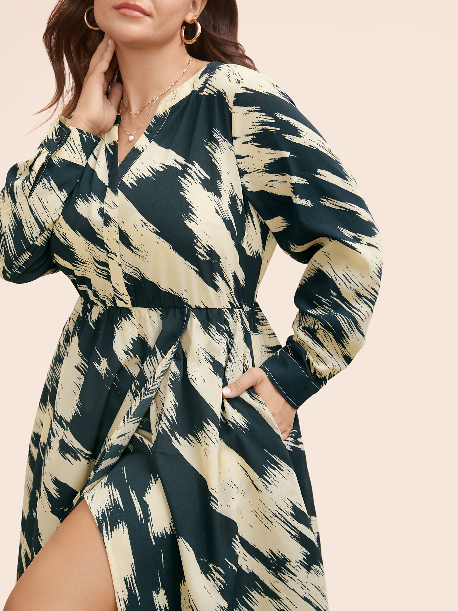 Plus Size Brush Print Notched Collar Midi Dress DarkSlateGray Women At the Office Contrast Notched collar Long Sleeve Curvy BloomChic 26/4X 