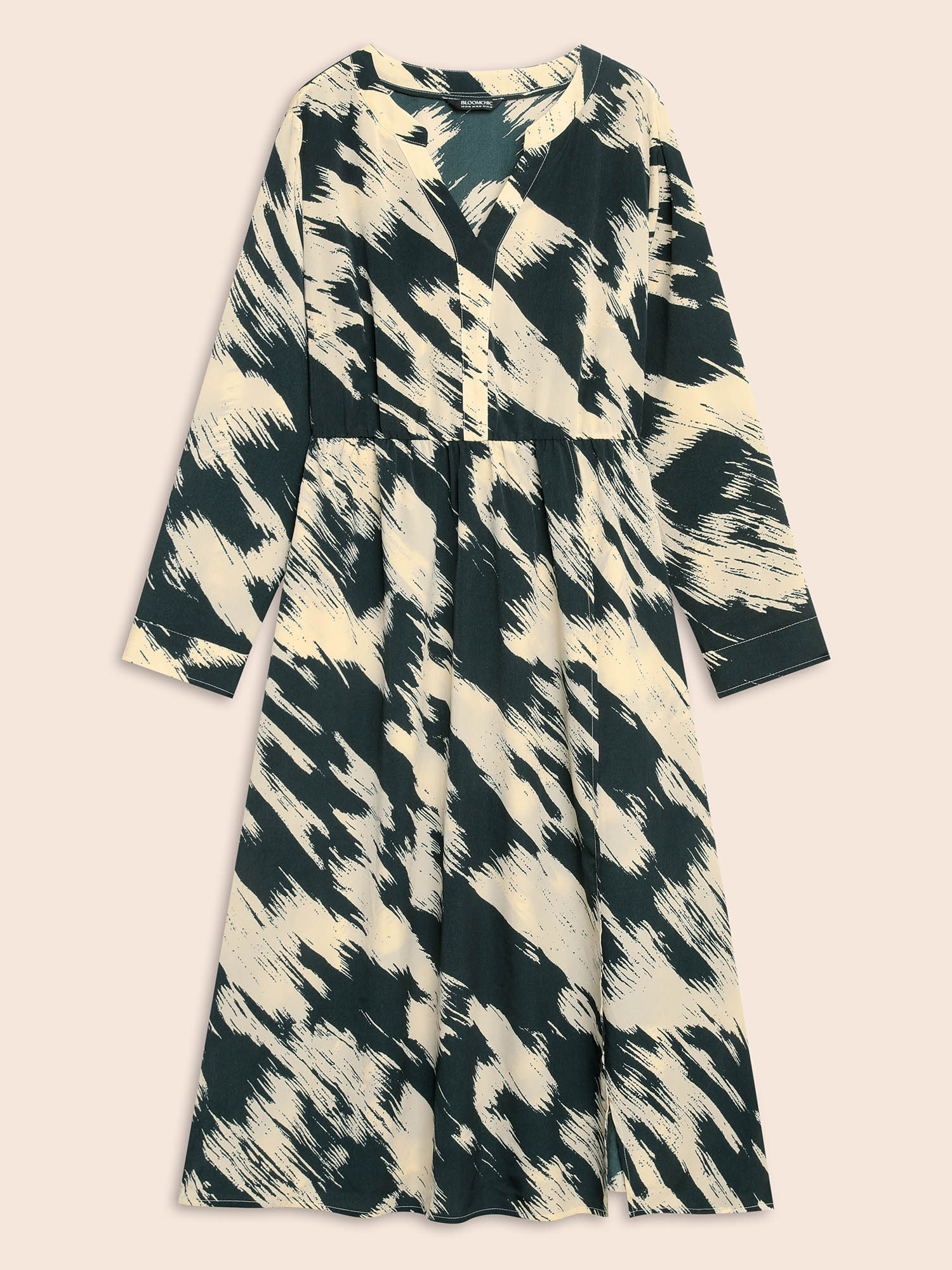 Plus Size Brush Print Notched Collar Midi Dress DarkSlateGray Women At the Office Contrast Notched collar Long Sleeve Curvy BloomChic 26/4X 