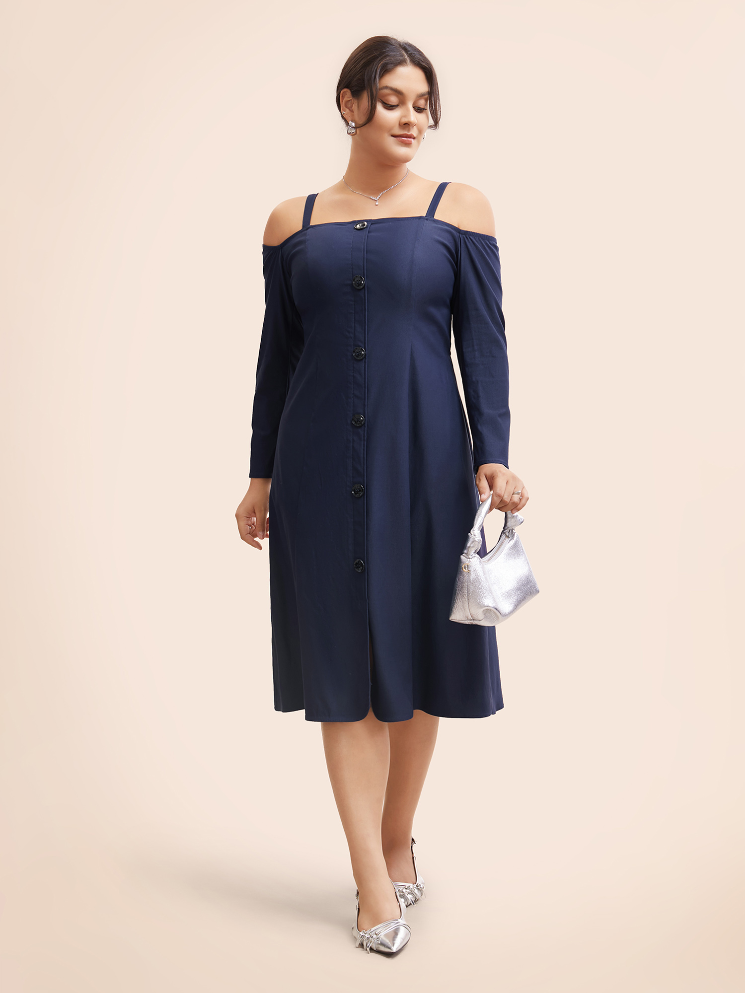 

Plus Size Stretch Woven One-Shoulder Midi Dress DarkBlue Women At the Office Button One-shoulder neck Long Sleeve Curvy BloomChic