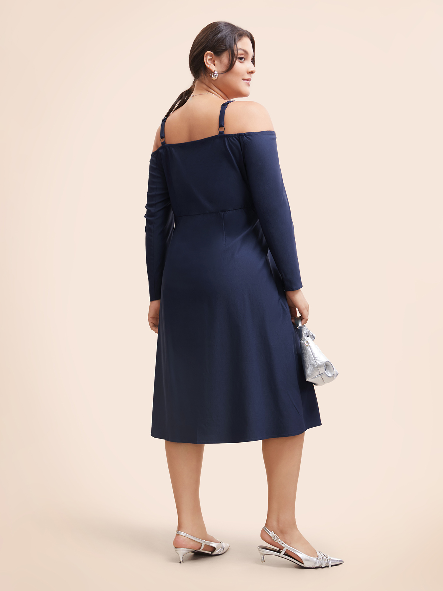 Plus Size Stretch Woven One-Shoulder Midi Dress DarkBlue Women At the Office Button One-shoulder neck Long Sleeve Curvy BloomChic 12/L 