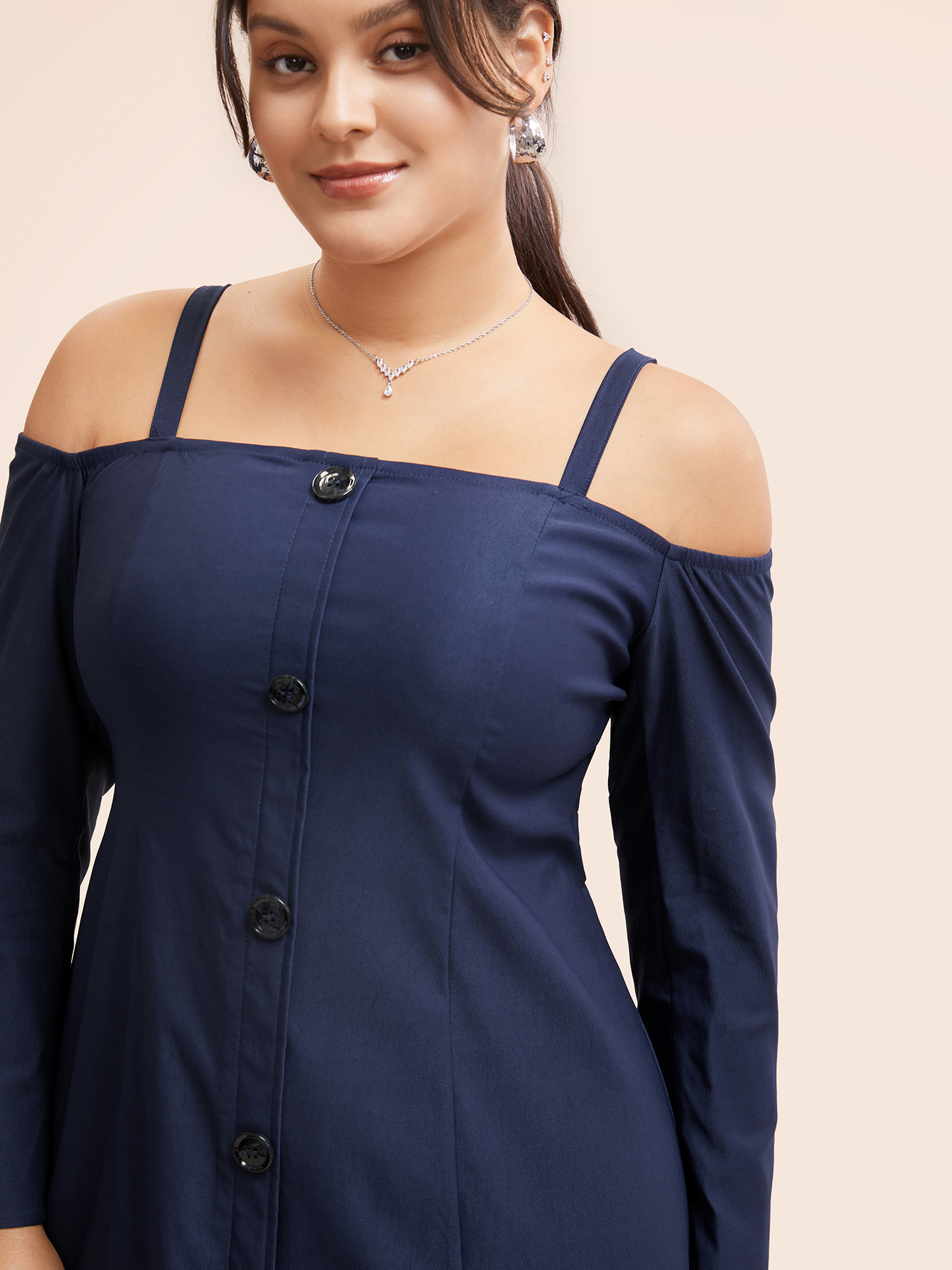 Plus Size Stretch Woven One-Shoulder Midi Dress DarkBlue Women At the Office Button One-shoulder neck Long Sleeve Curvy BloomChic 12/L 