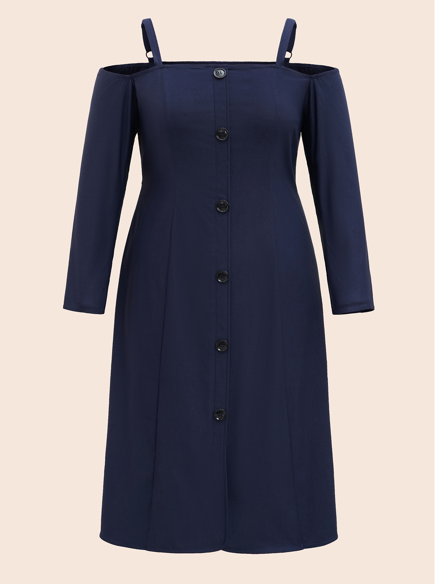Plus Size Stretch Woven One-Shoulder Midi Dress DarkBlue Women At the Office Button One-shoulder neck Long Sleeve Curvy BloomChic 12/L 