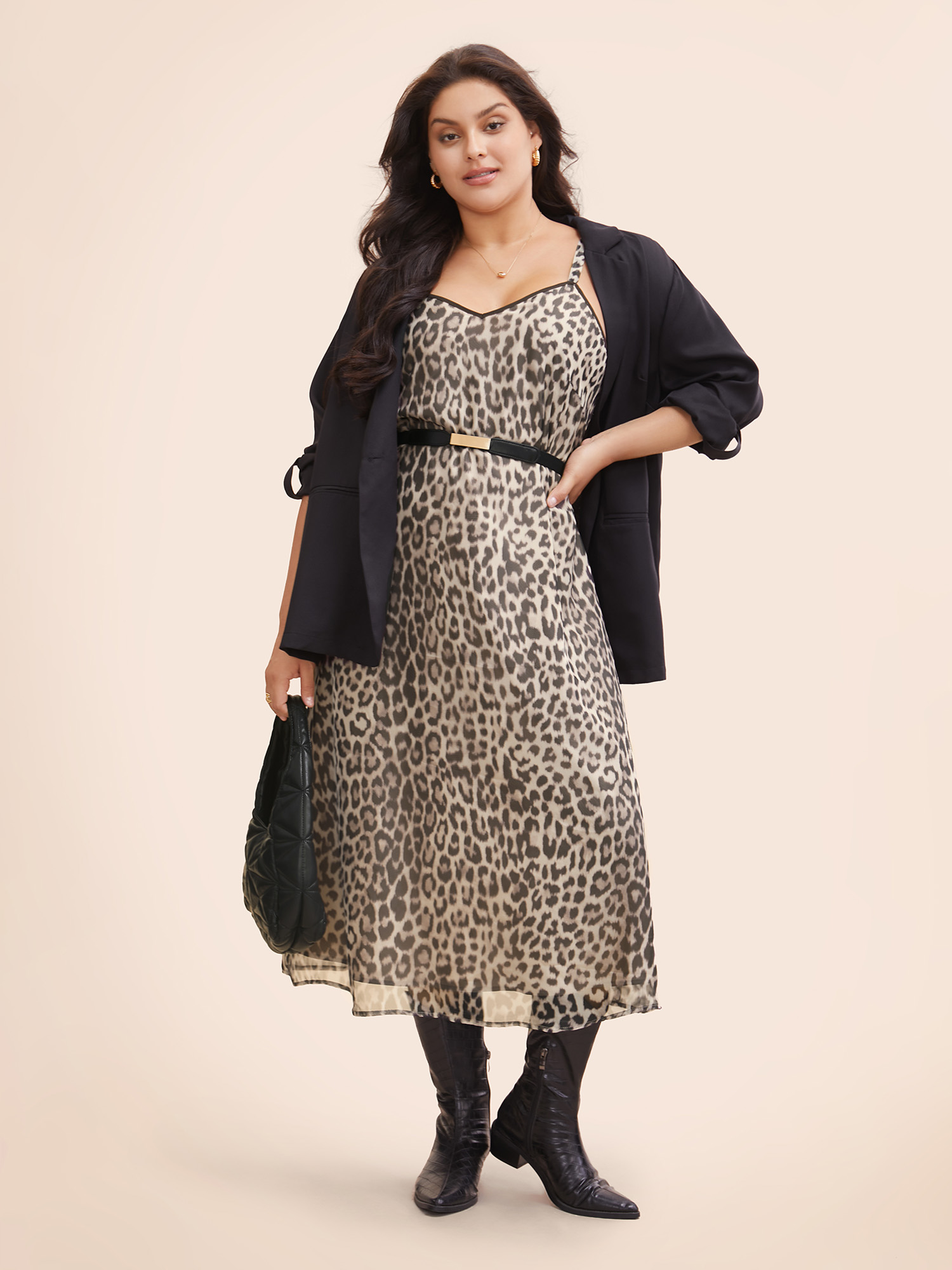 

Plus Size Leopard Print Mesh Cami Dress LightBrown Women At the Office See through V-neck Sleeveless Curvy BloomChic